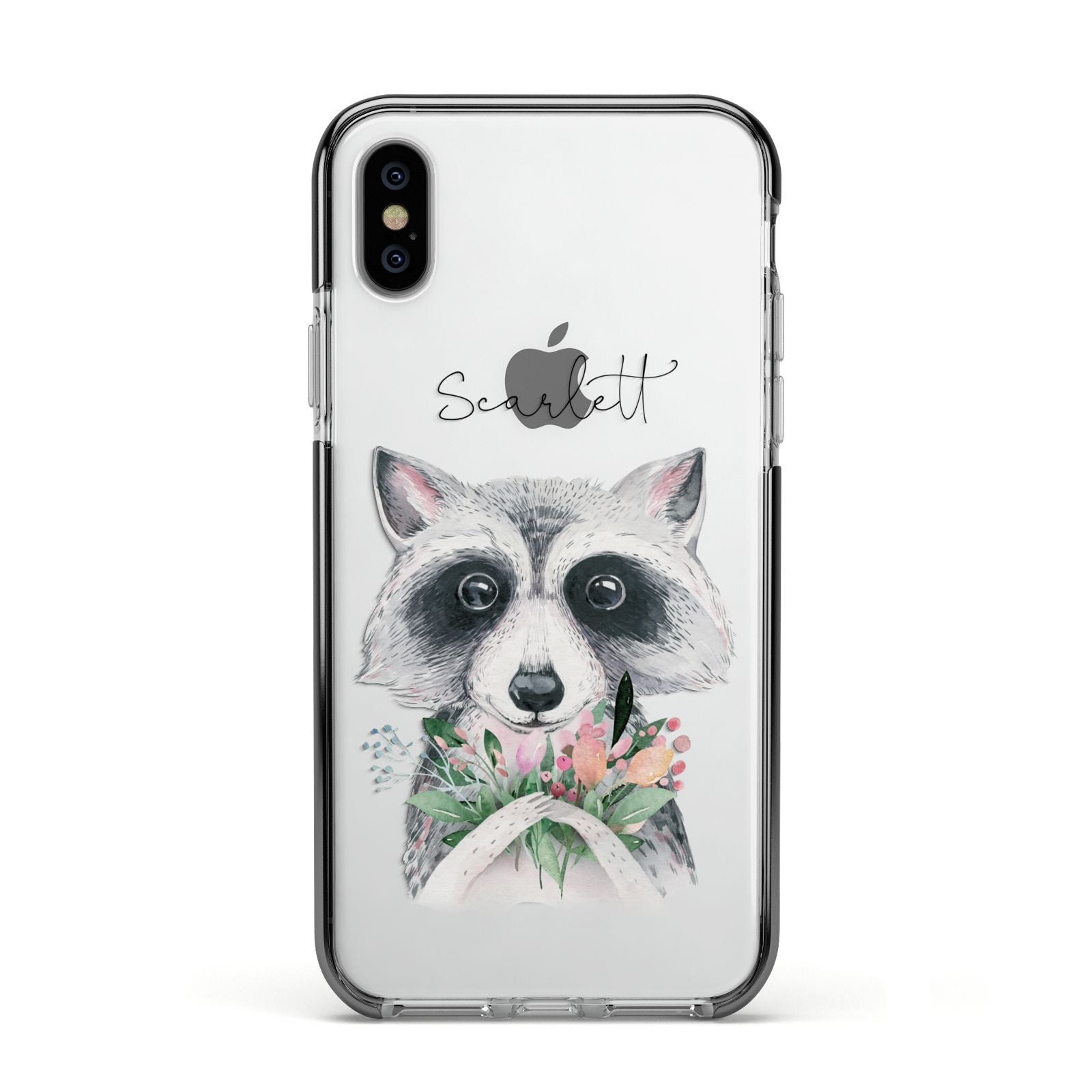 Personalised Raccoon Apple iPhone Xs Impact Case Black Edge on Silver Phone