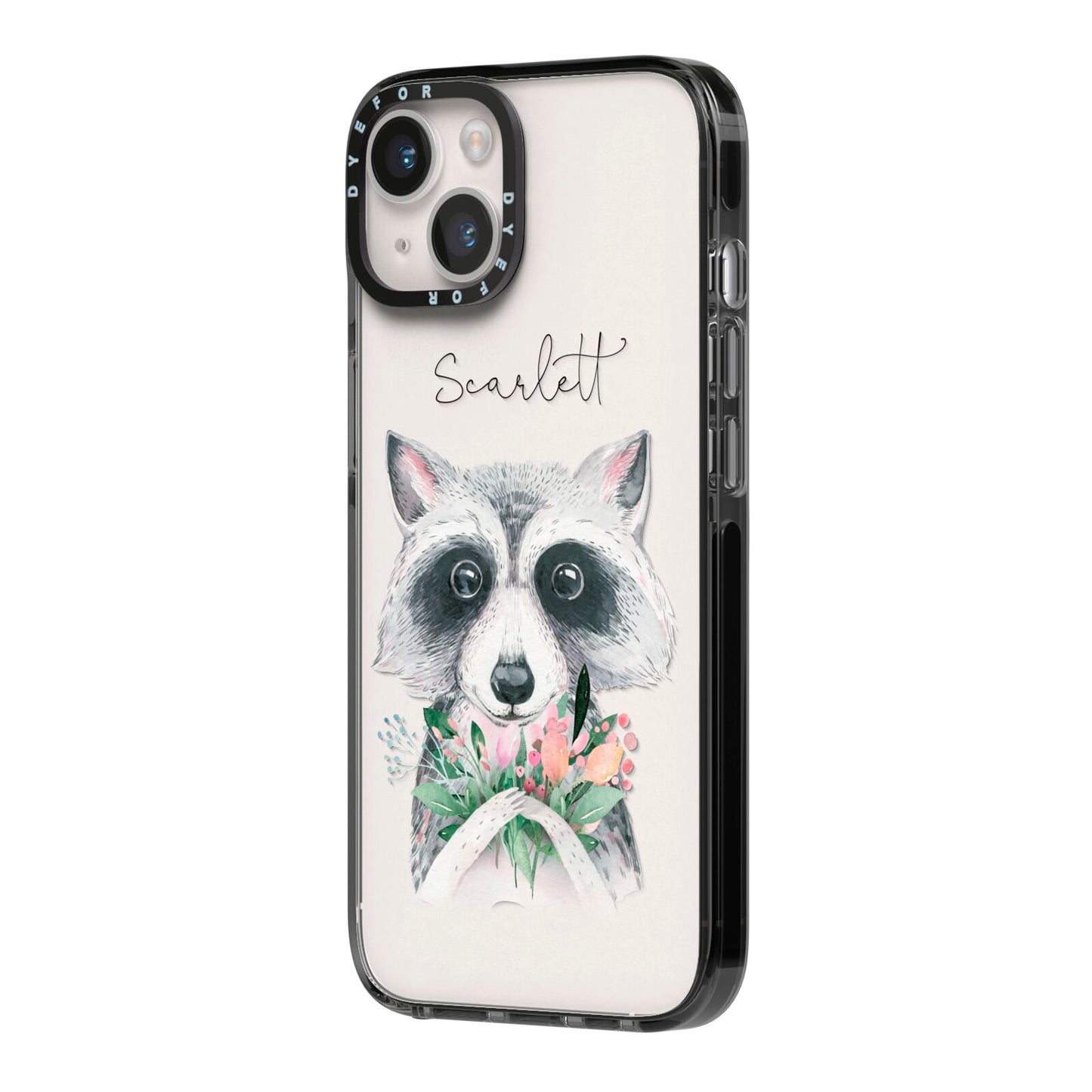 Personalised Raccoon iPhone 14 Black Impact Case Side Angle on Silver phone