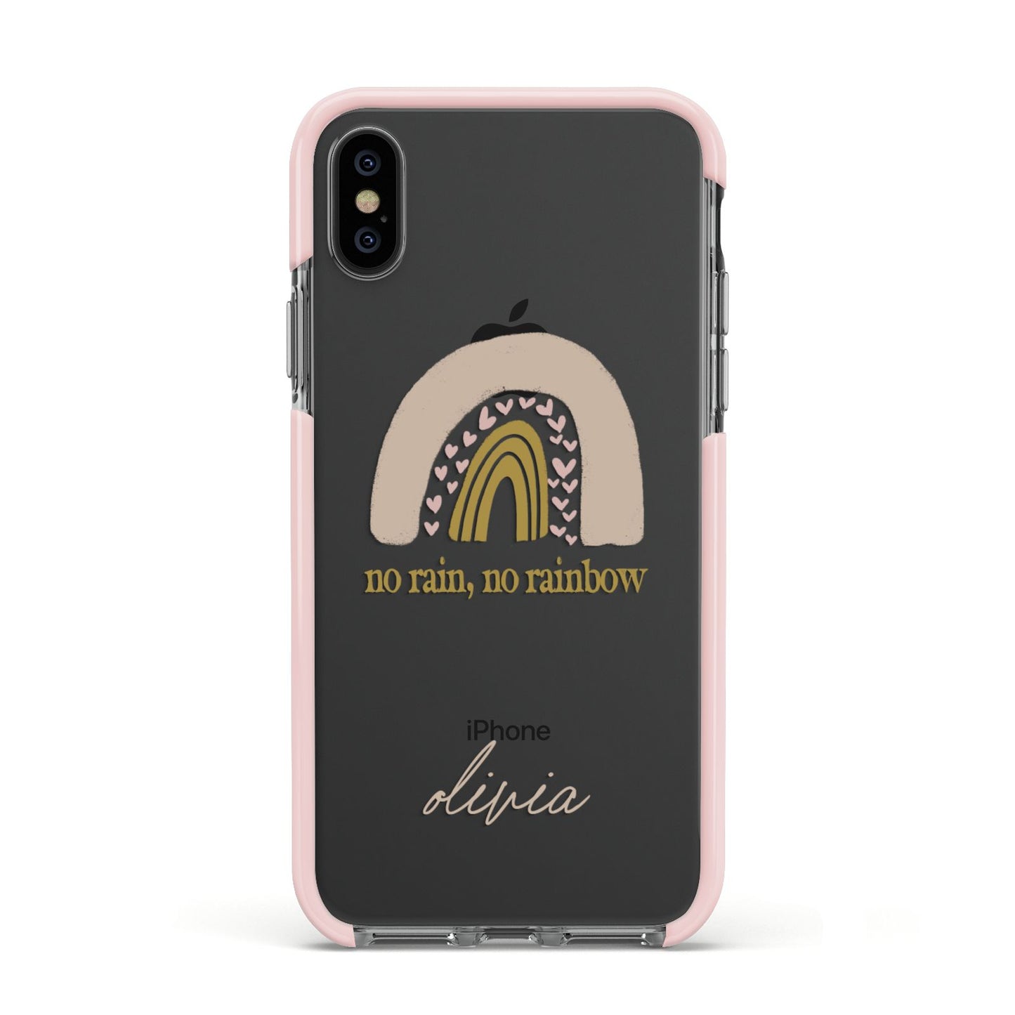 Personalised Rainbow Apple iPhone Xs Impact Case Pink Edge on Black Phone