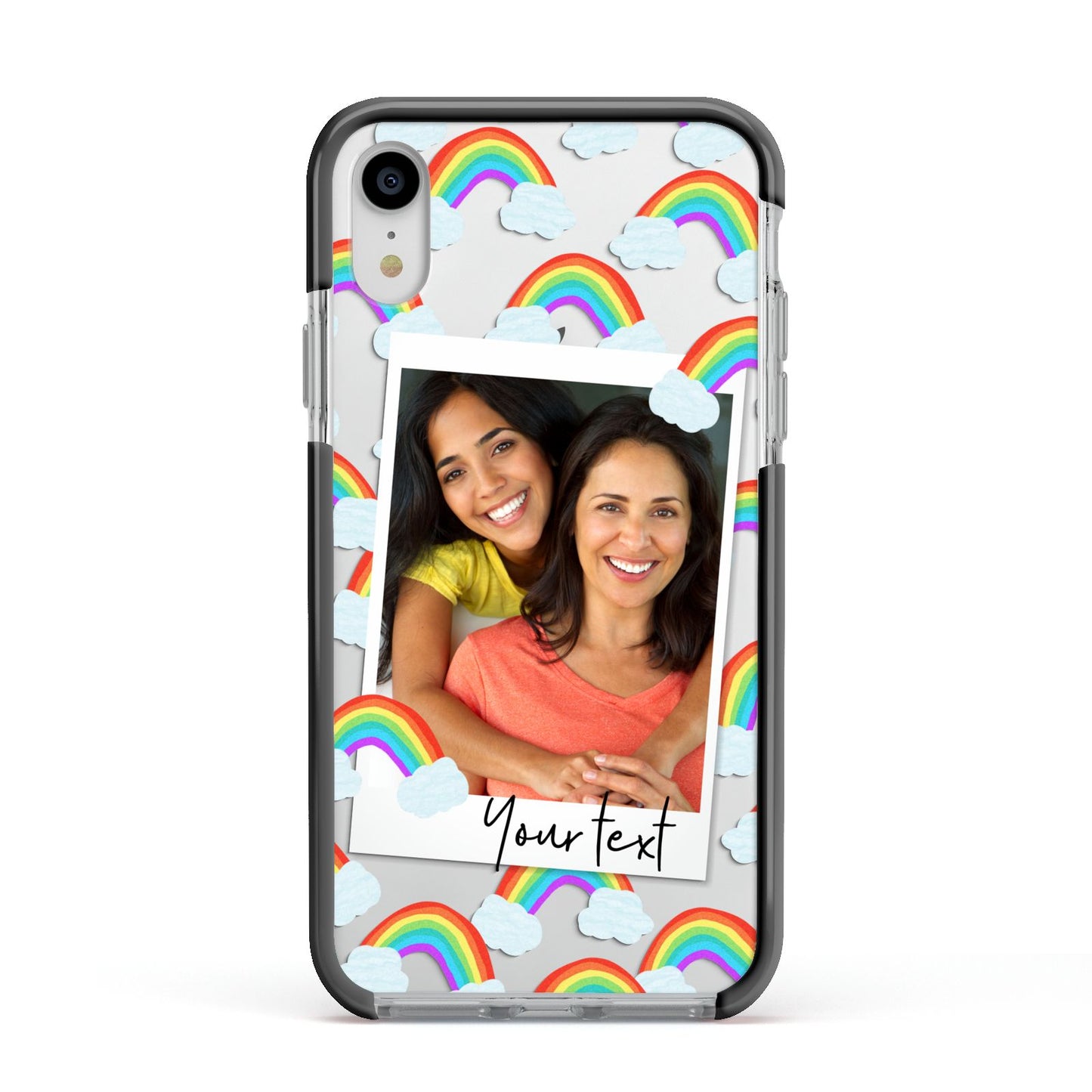 Personalised Rainbow Photo Upload Apple iPhone XR Impact Case Black Edge on Silver Phone