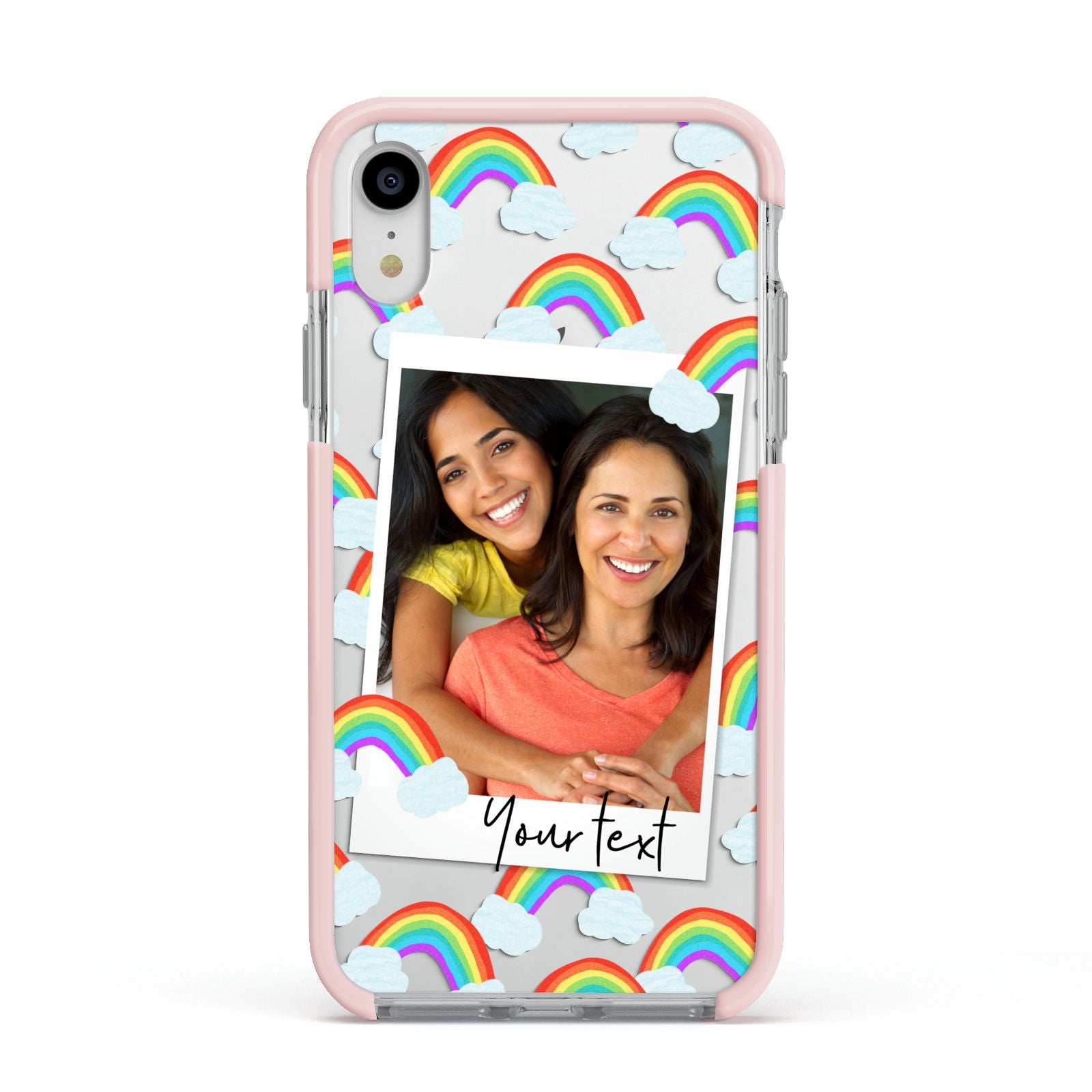 Personalised Rainbow Photo Upload Apple iPhone XR Impact Case Pink Edge on Silver Phone