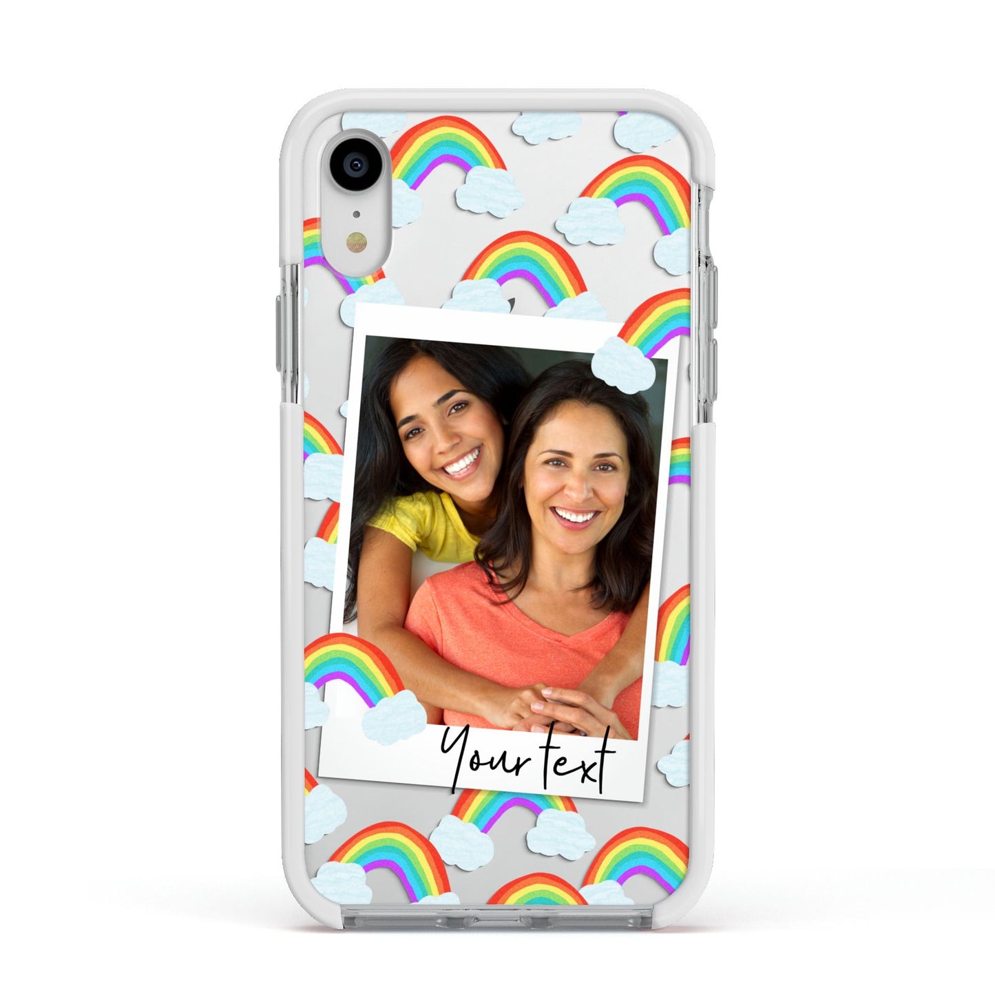 Personalised Rainbow Photo Upload Apple iPhone XR Impact Case White Edge on Silver Phone