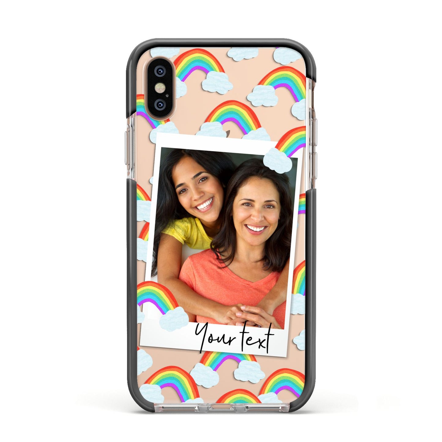 Personalised Rainbow Photo Upload Apple iPhone Xs Impact Case Black Edge on Gold Phone