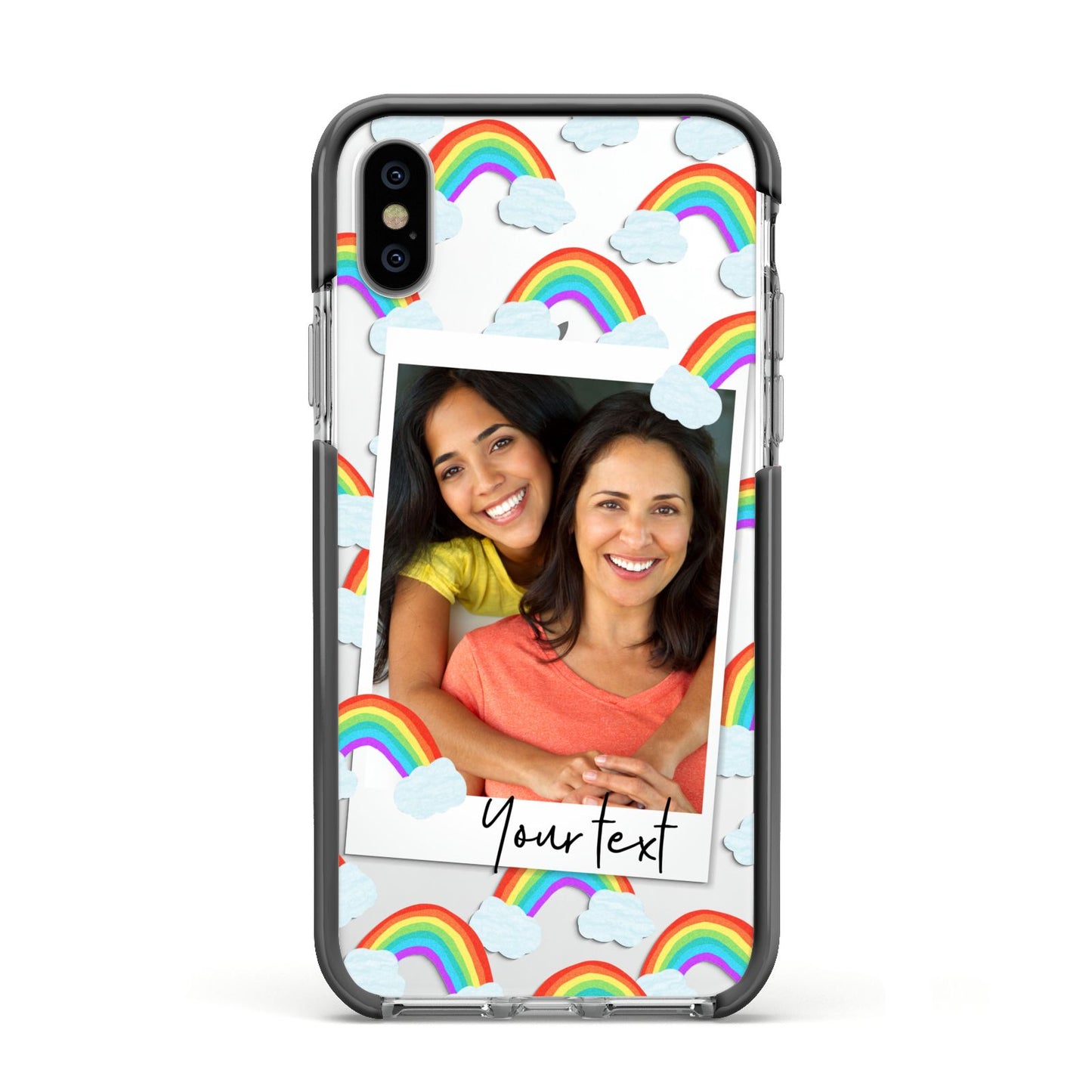 Personalised Rainbow Photo Upload Apple iPhone Xs Impact Case Black Edge on Silver Phone