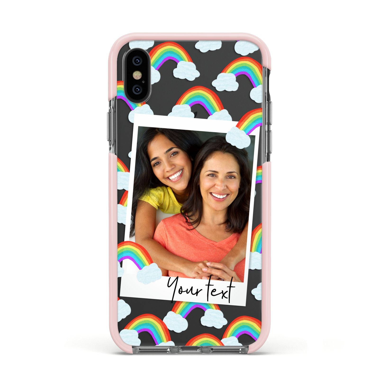 Personalised Rainbow Photo Upload Apple iPhone Xs Impact Case Pink Edge on Black Phone