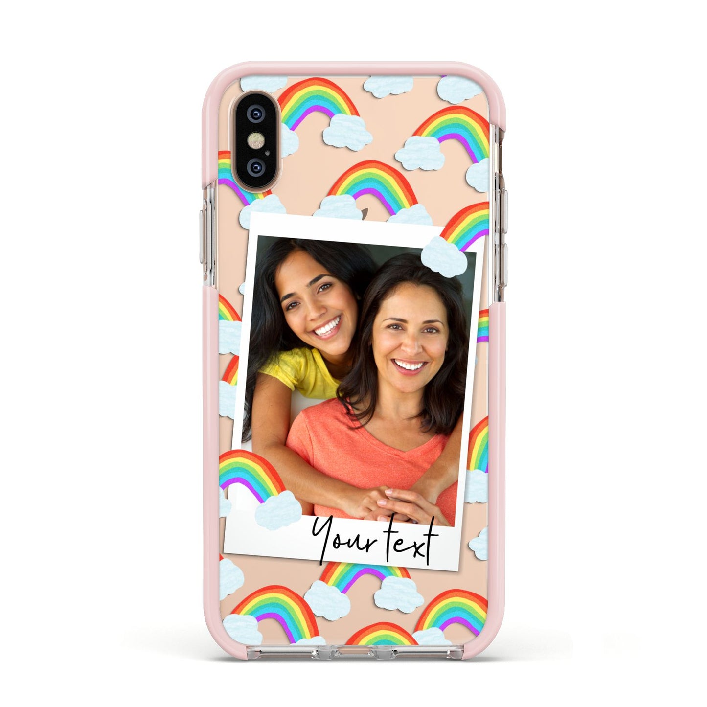 Personalised Rainbow Photo Upload Apple iPhone Xs Impact Case Pink Edge on Gold Phone