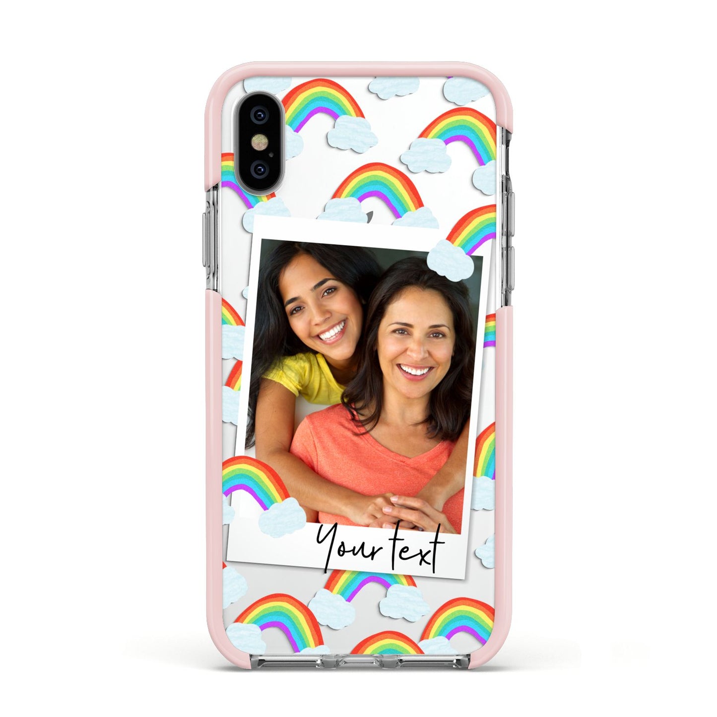 Personalised Rainbow Photo Upload Apple iPhone Xs Impact Case Pink Edge on Silver Phone