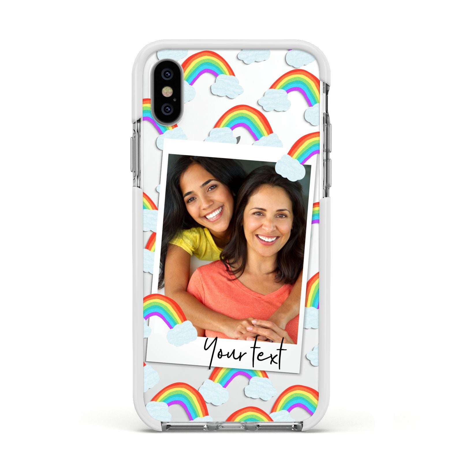 Personalised Rainbow Photo Upload Apple iPhone Xs Impact Case White Edge on Silver Phone