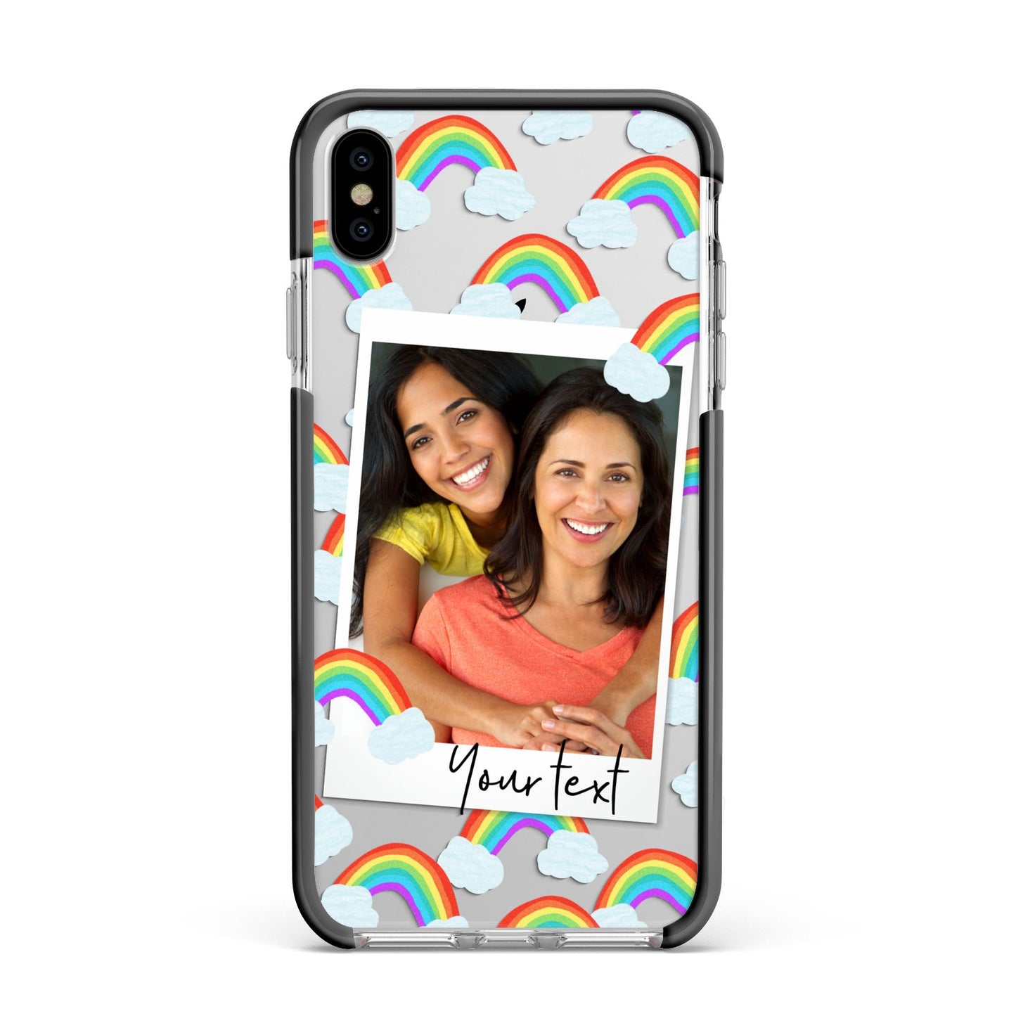 Personalised Rainbow Photo Upload Apple iPhone Xs Max Impact Case Black Edge on Silver Phone