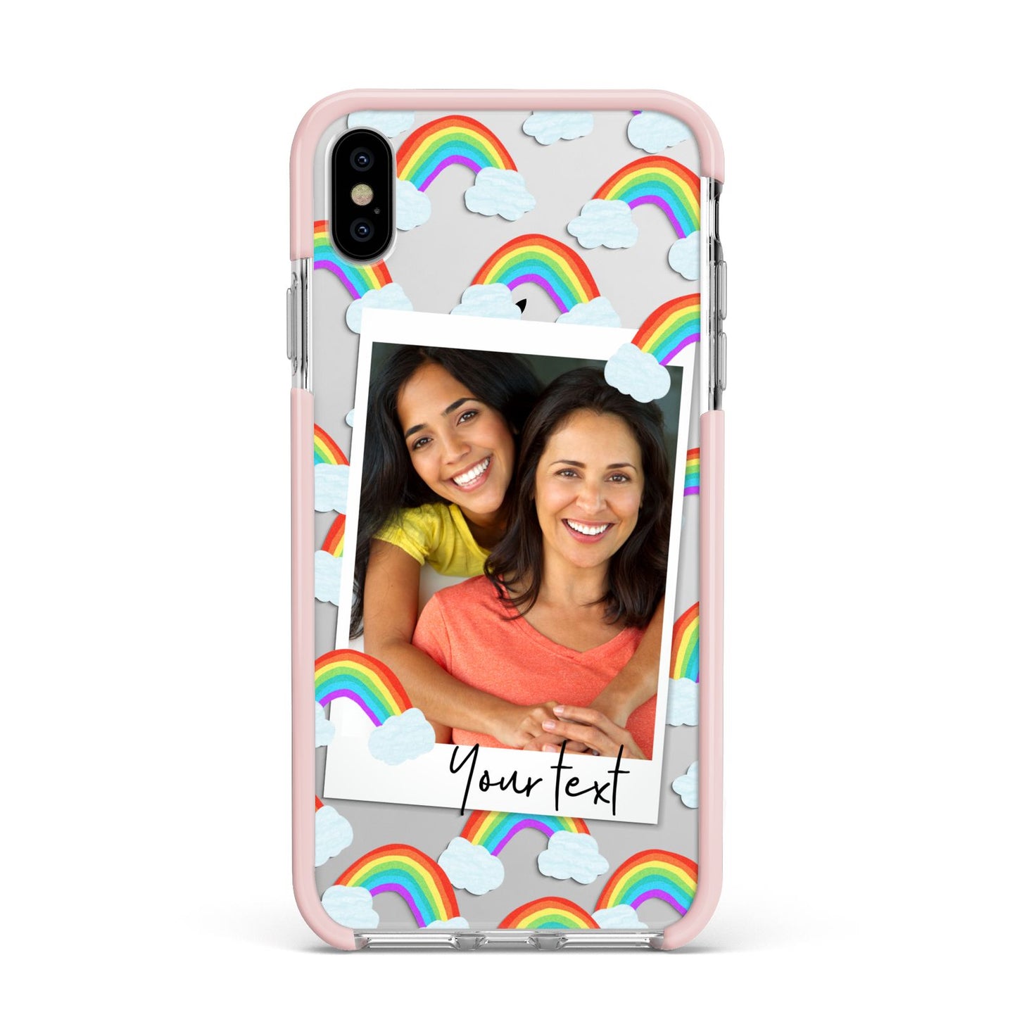 Personalised Rainbow Photo Upload Apple iPhone Xs Max Impact Case Pink Edge on Silver Phone