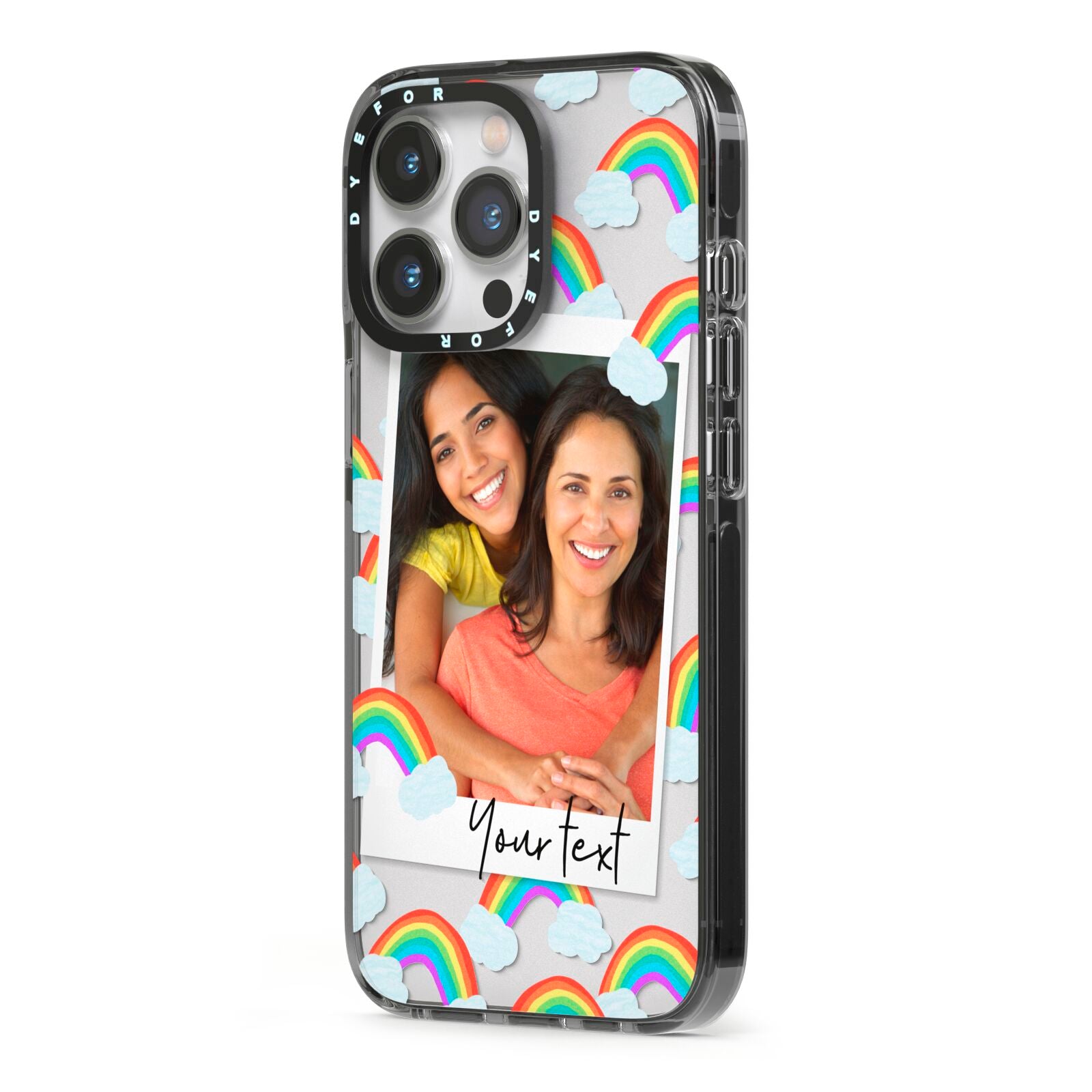 Personalised Rainbow Photo Upload iPhone 13 Pro Black Impact Case Side Angle on Silver phone