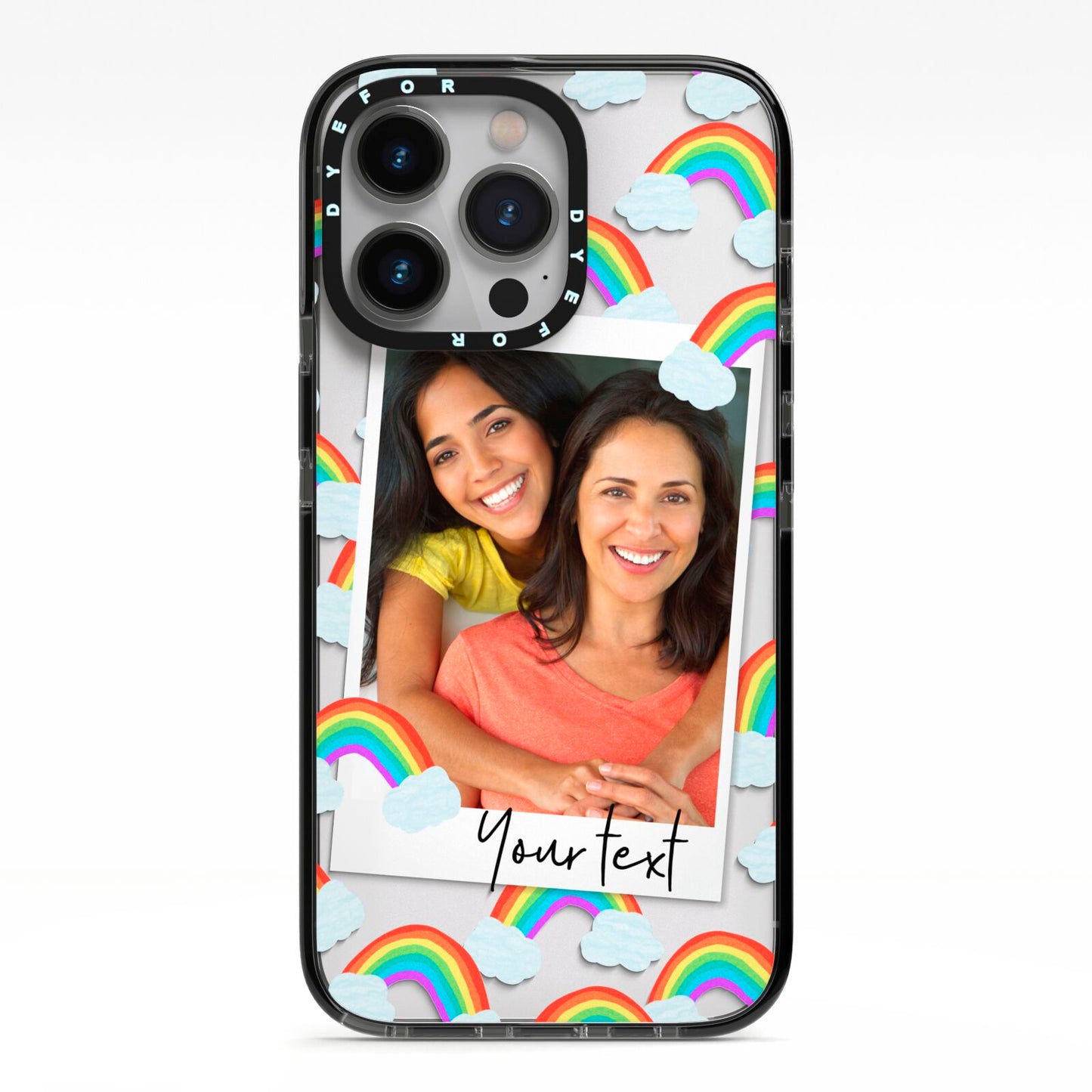 Personalised Rainbow Photo Upload iPhone 13 Pro Black Impact Case on Silver phone