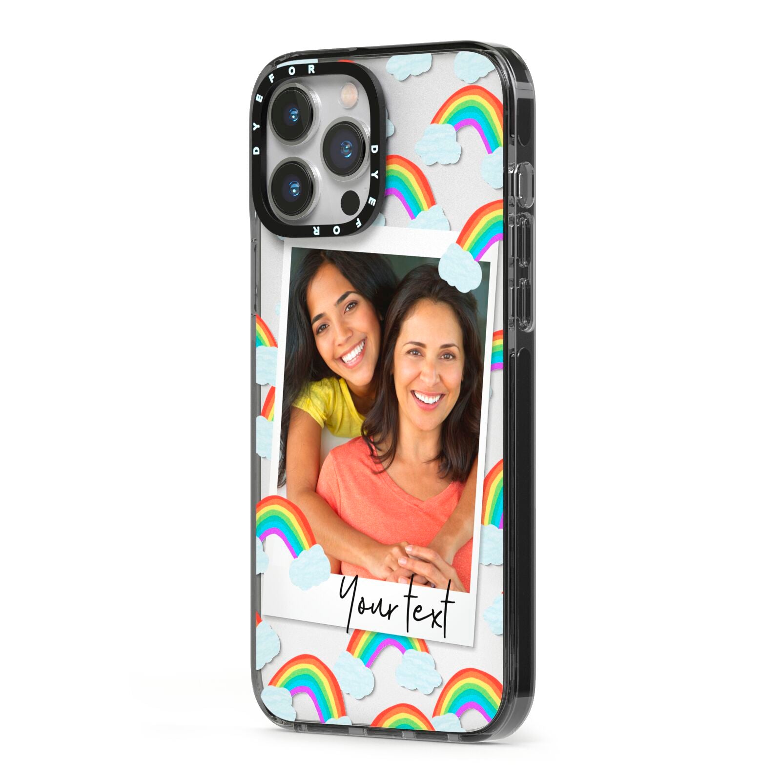 Personalised Rainbow Photo Upload iPhone 13 Pro Max Black Impact Case Side Angle on Silver phone