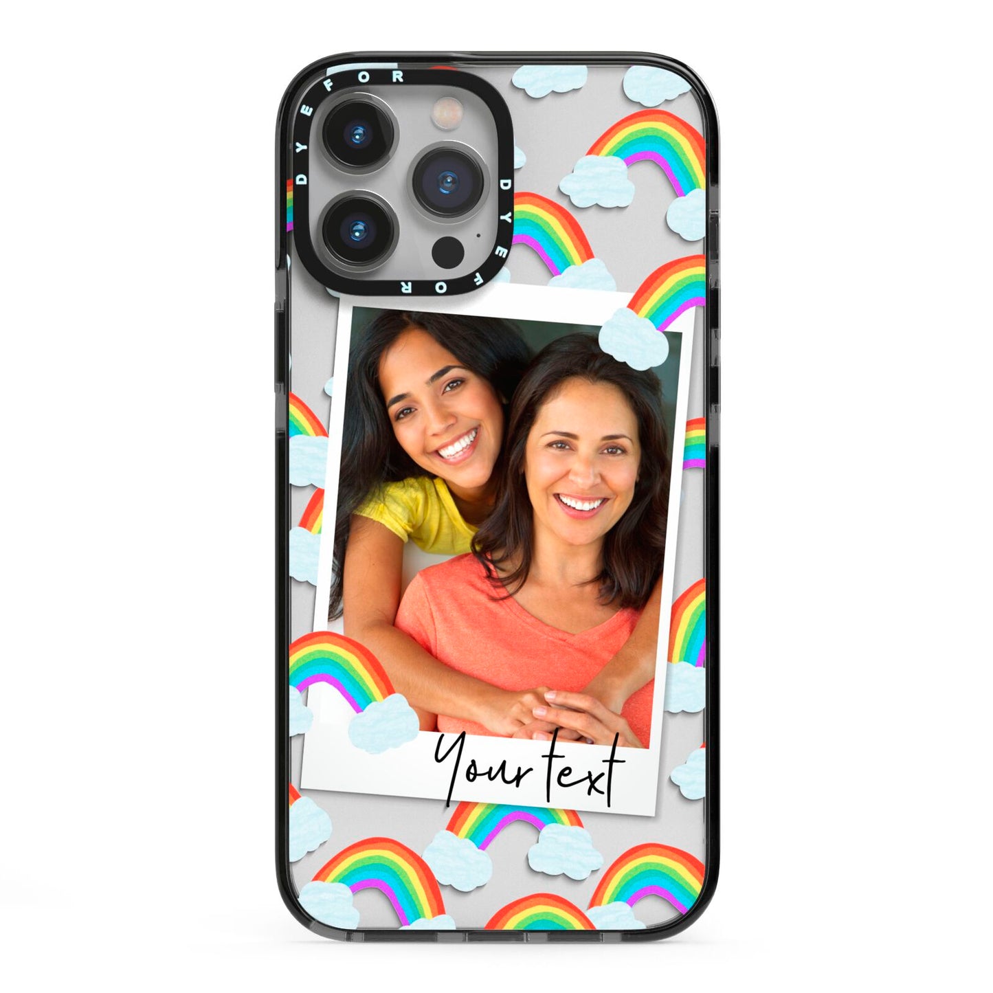 Personalised Rainbow Photo Upload iPhone 13 Pro Max Black Impact Case on Silver phone