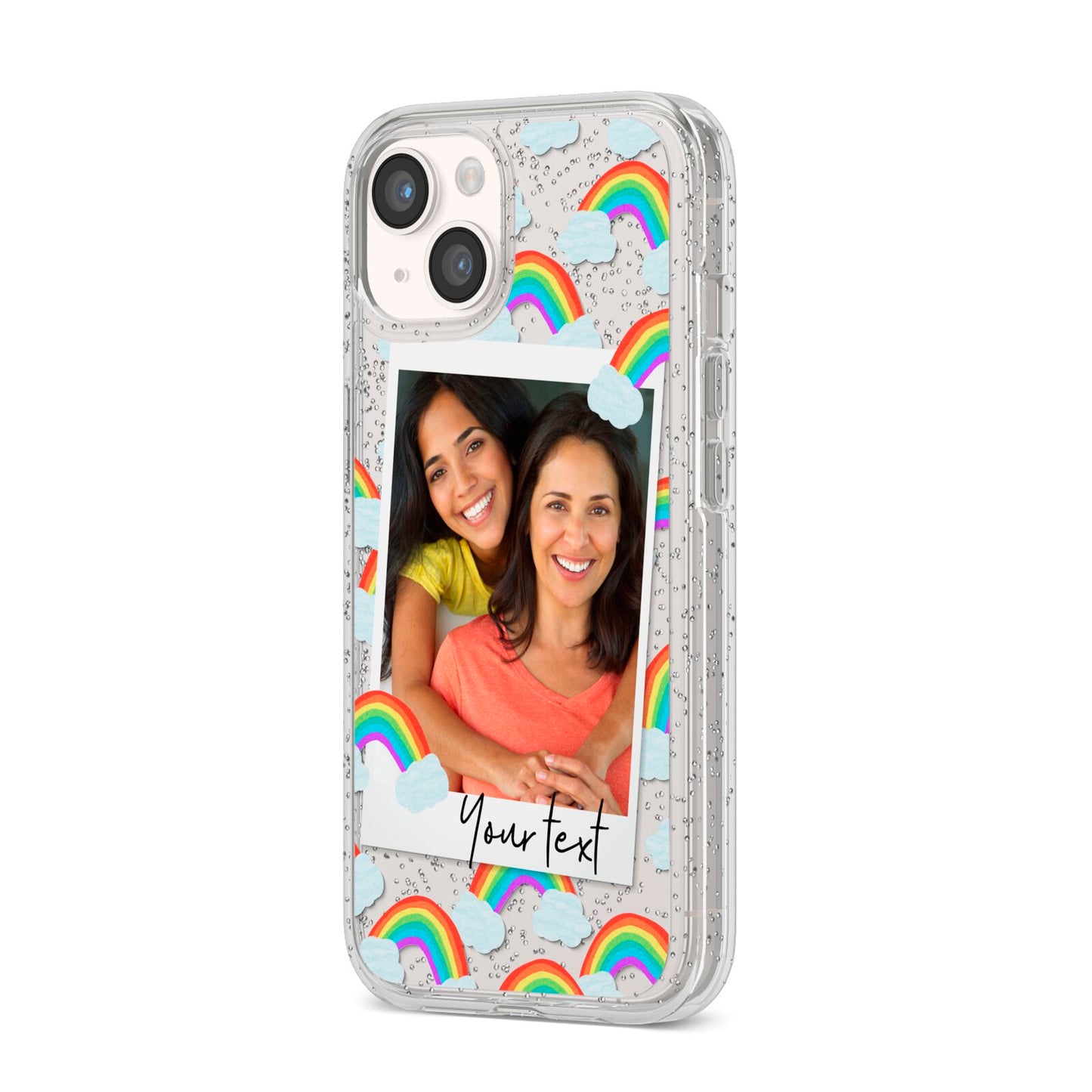 Personalised Rainbow Photo Upload iPhone 14 Glitter Tough Case Starlight Angled Image