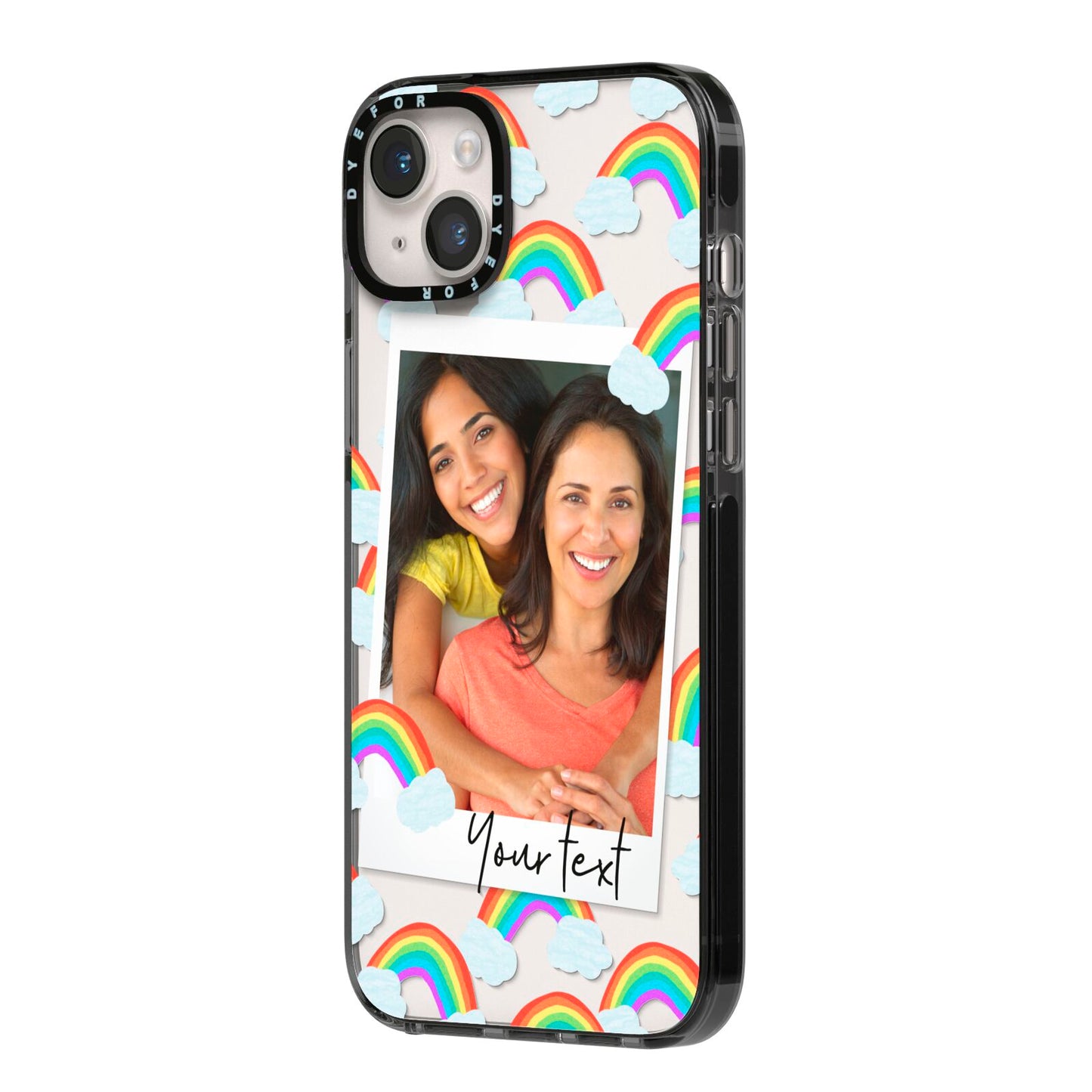 Personalised Rainbow Photo Upload iPhone 14 Plus Black Impact Case Side Angle on Silver phone