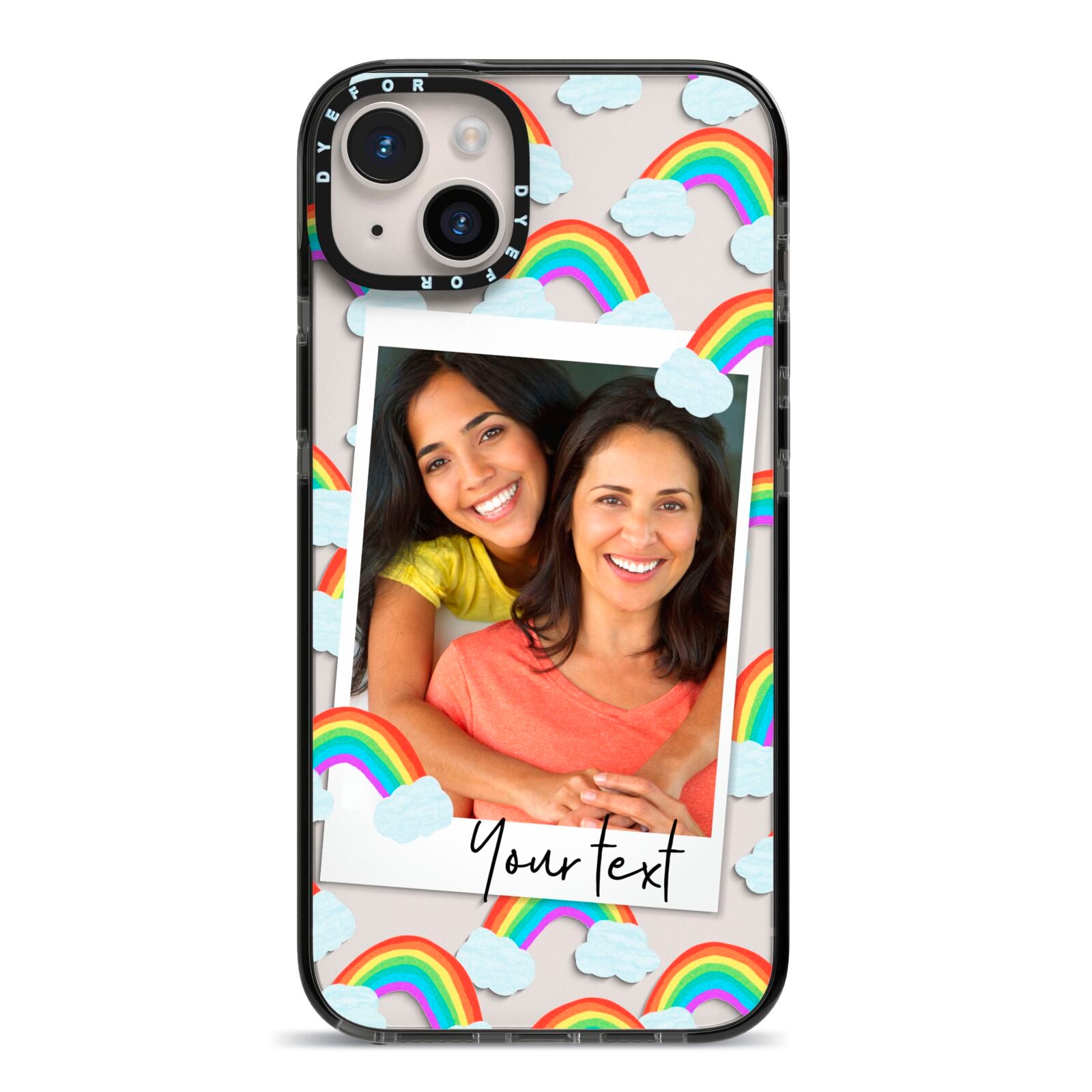 Personalised Rainbow Photo Upload iPhone 14 Plus Black Impact Case on Silver phone