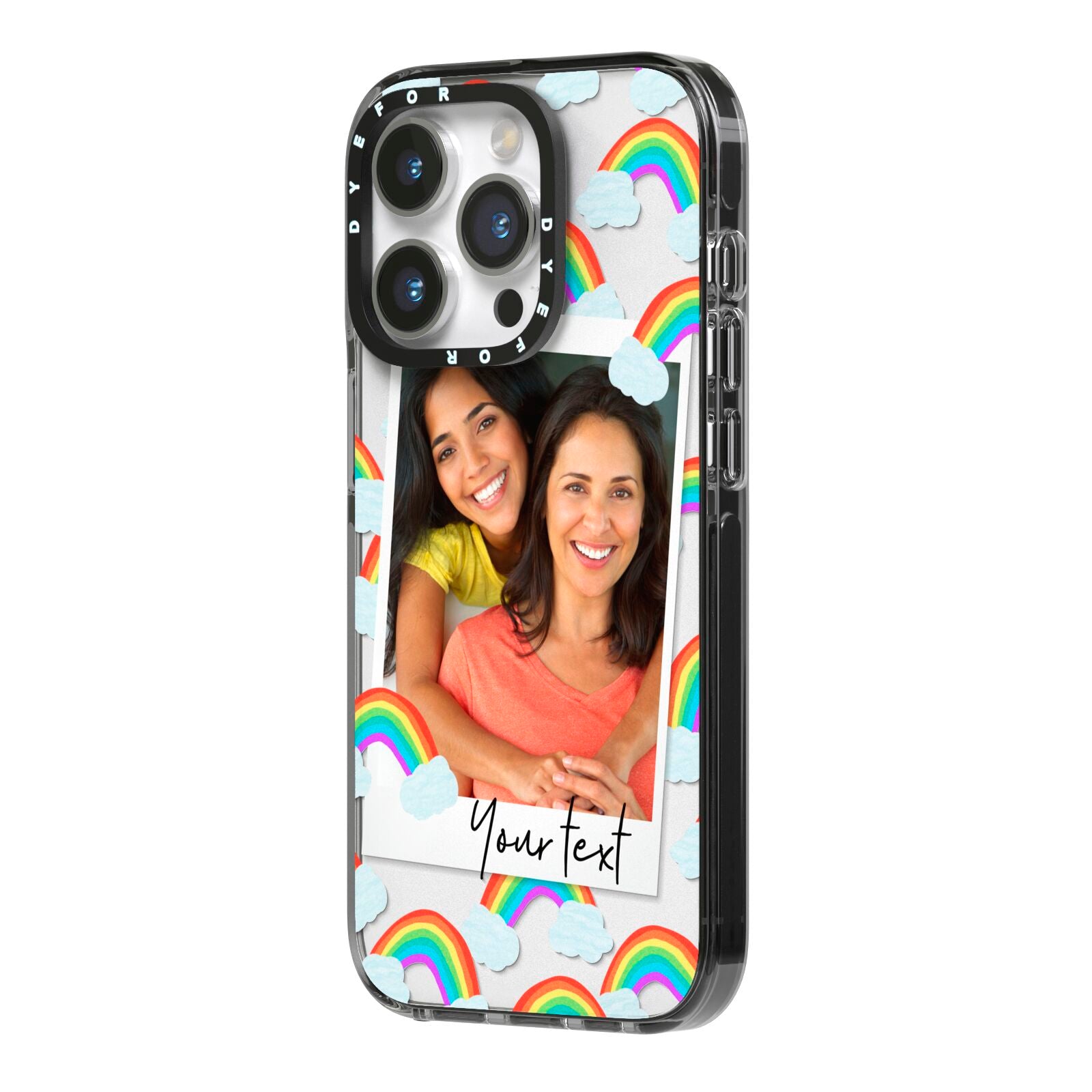 Personalised Rainbow Photo Upload iPhone 14 Pro Black Impact Case Side Angle on Silver phone