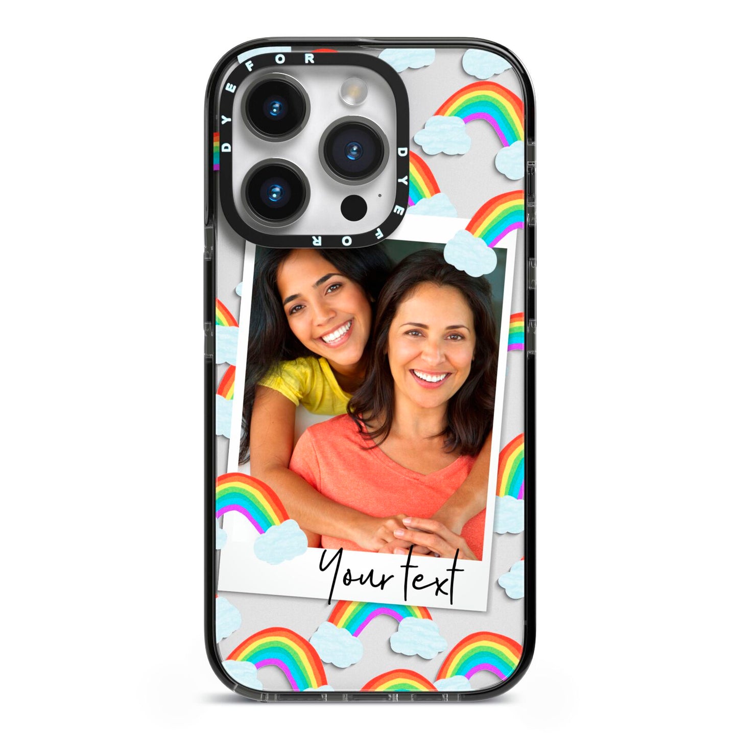 Personalised Rainbow Photo Upload iPhone 14 Pro Black Impact Case on Silver phone