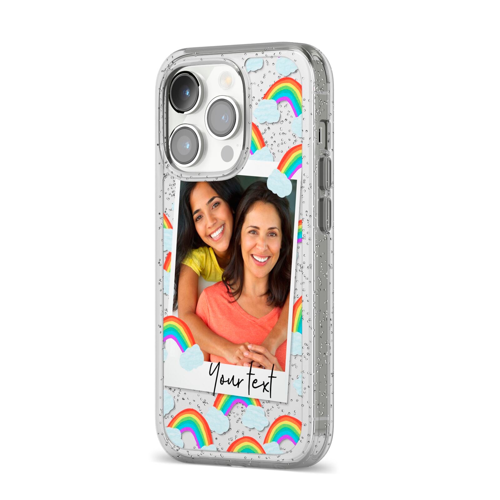 Personalised Rainbow Photo Upload iPhone 14 Pro Glitter Tough Case Silver Angled Image