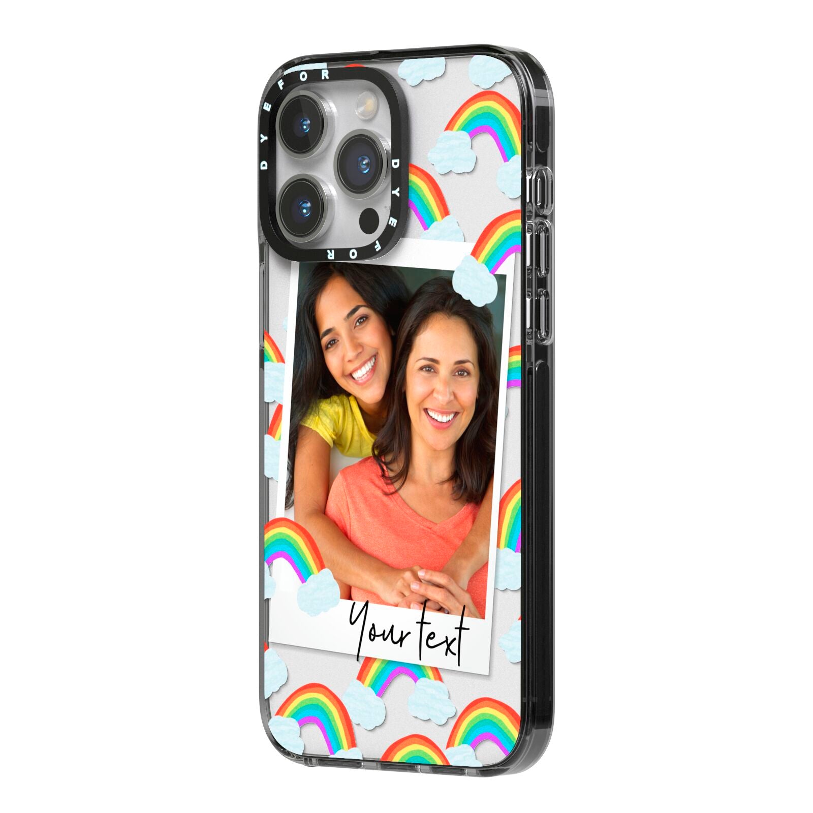 Personalised Rainbow Photo Upload iPhone 14 Pro Max Black Impact Case Side Angle on Silver phone