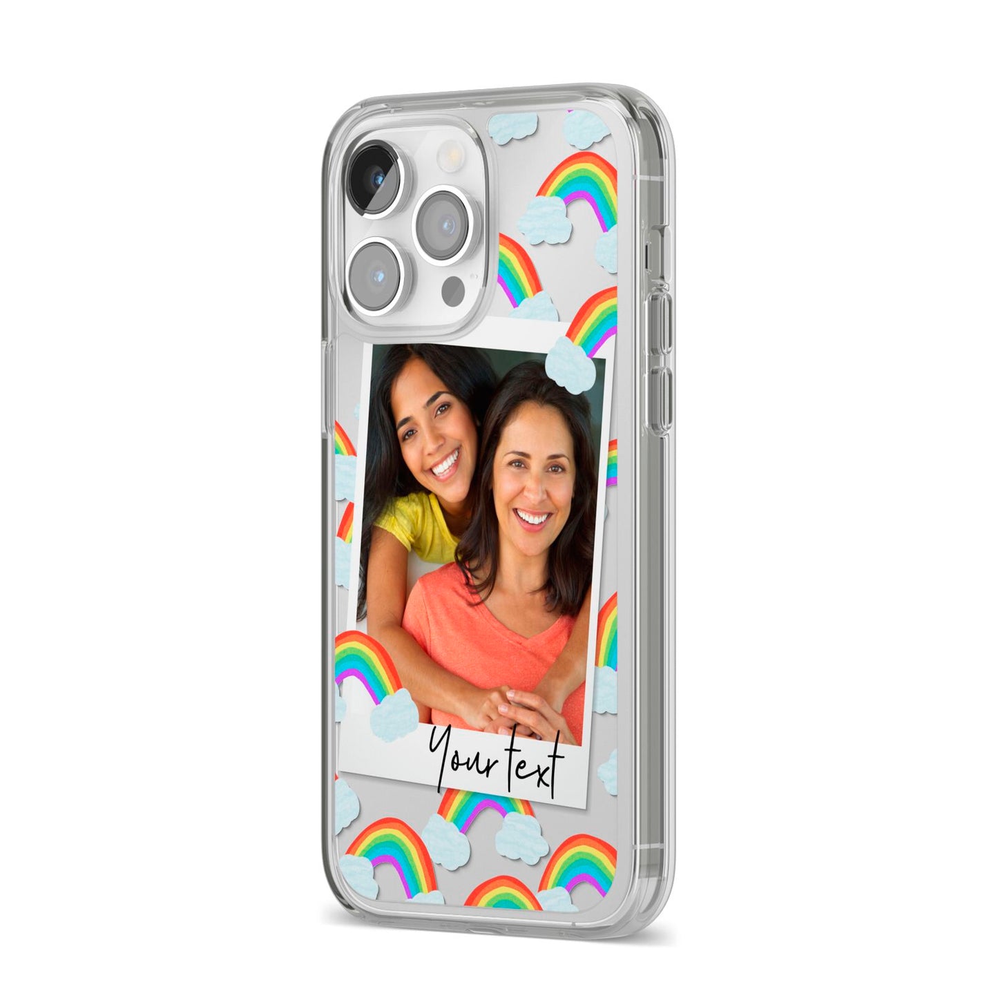 Personalised Rainbow Photo Upload iPhone 14 Pro Max Clear Tough Case Silver Angled Image