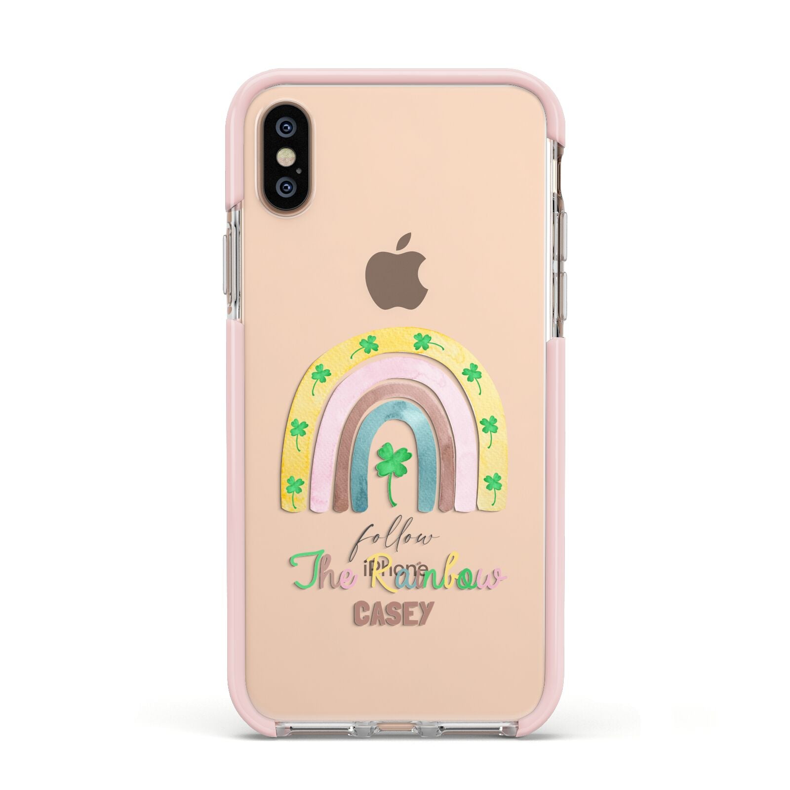 Personalised Rainbow Shamrock Apple iPhone Xs Impact Case Pink Edge on Gold Phone