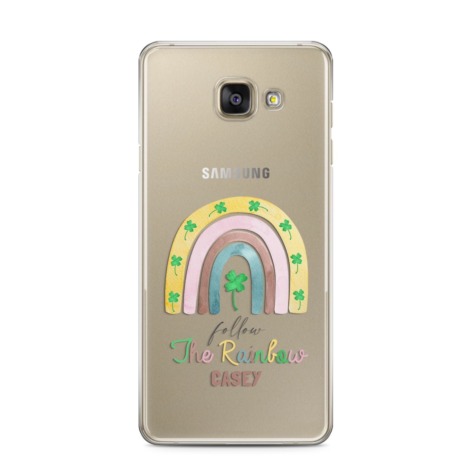 Personalised Rainbow Shamrock Samsung Galaxy A3 2016 Case on gold phone