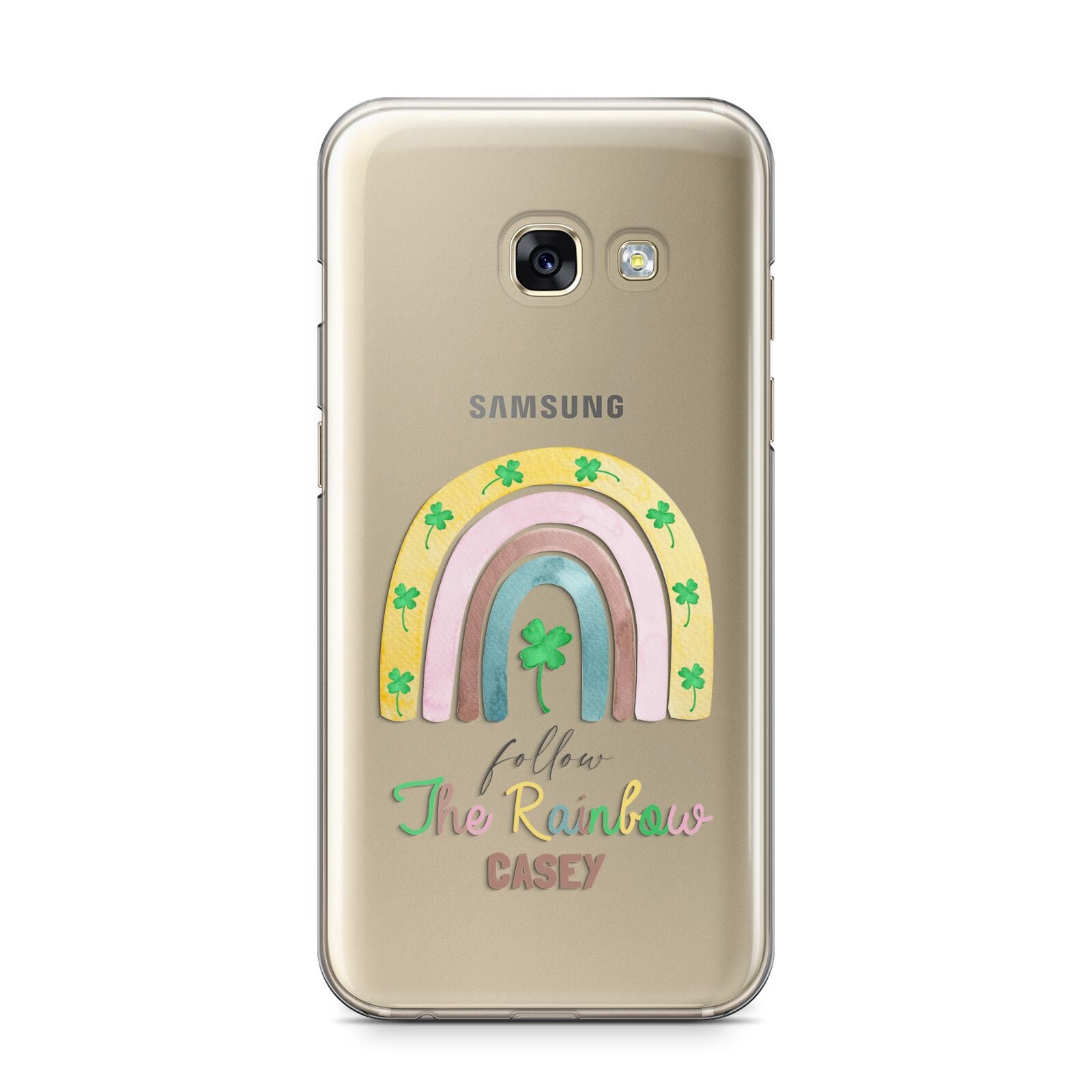 Personalised Rainbow Shamrock Samsung Galaxy A3 2017 Case on gold phone