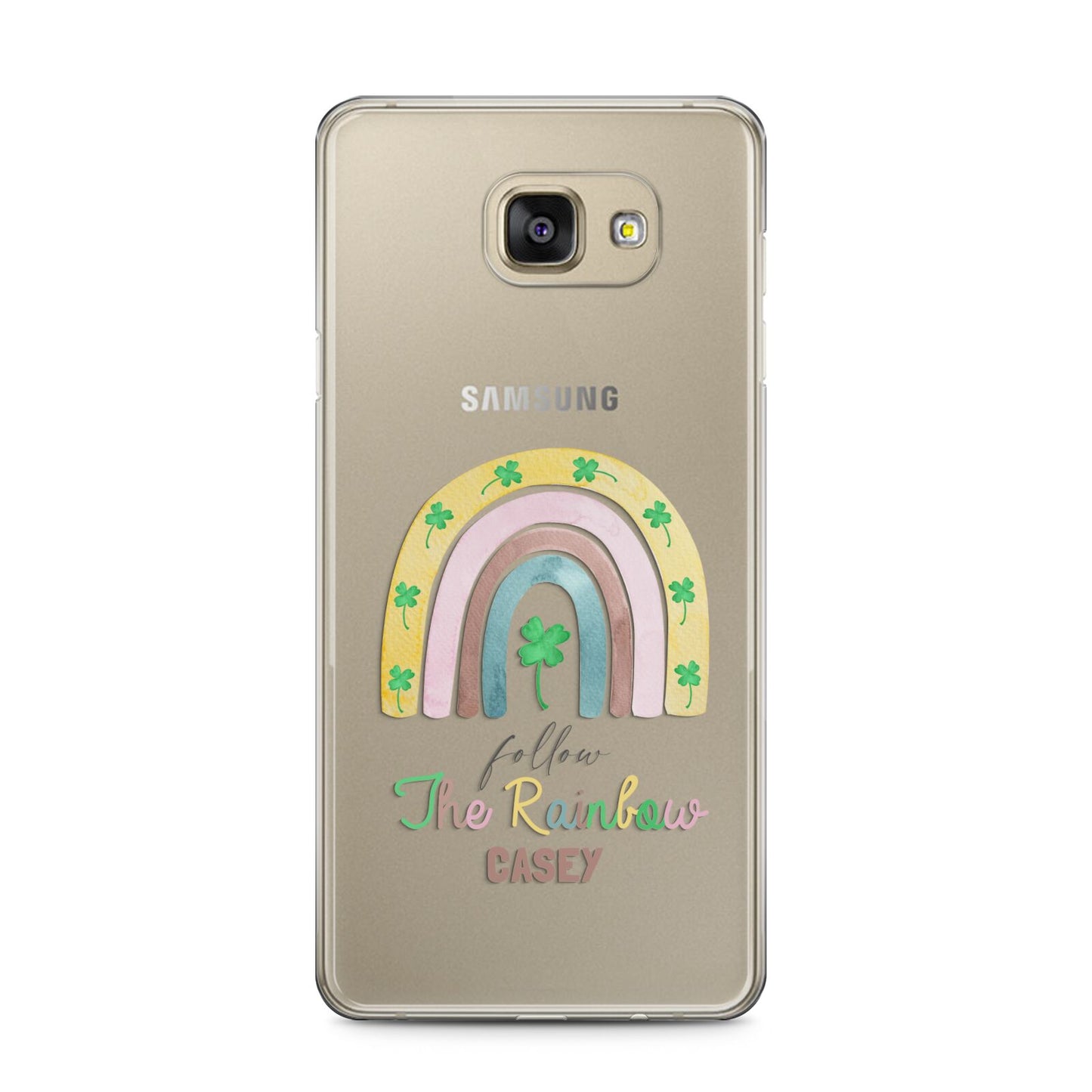 Personalised Rainbow Shamrock Samsung Galaxy A5 2016 Case on gold phone