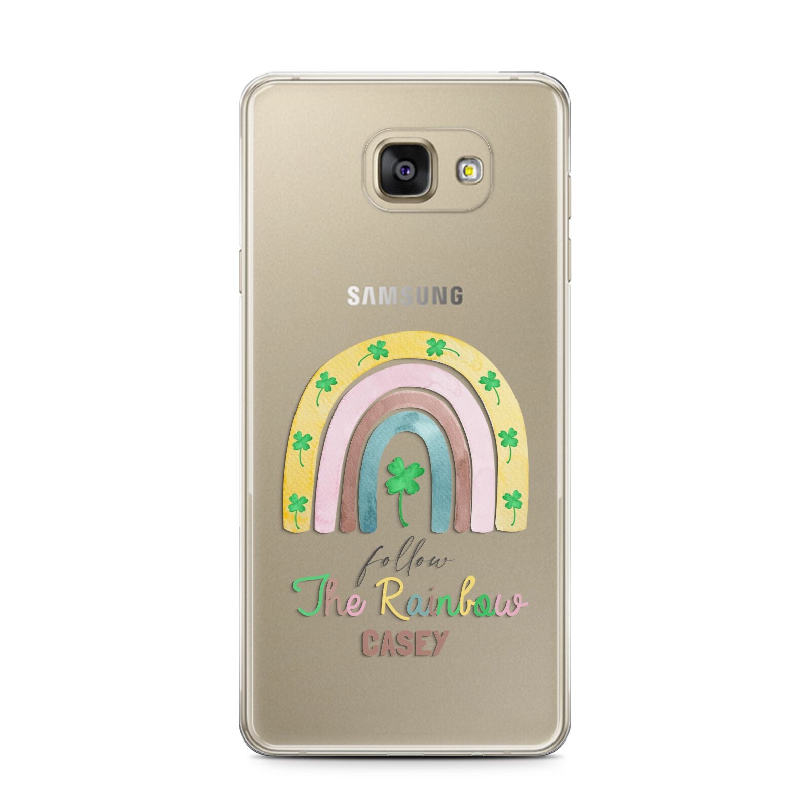 Personalised Rainbow Shamrock Samsung Galaxy A7 2016 Case on gold phone