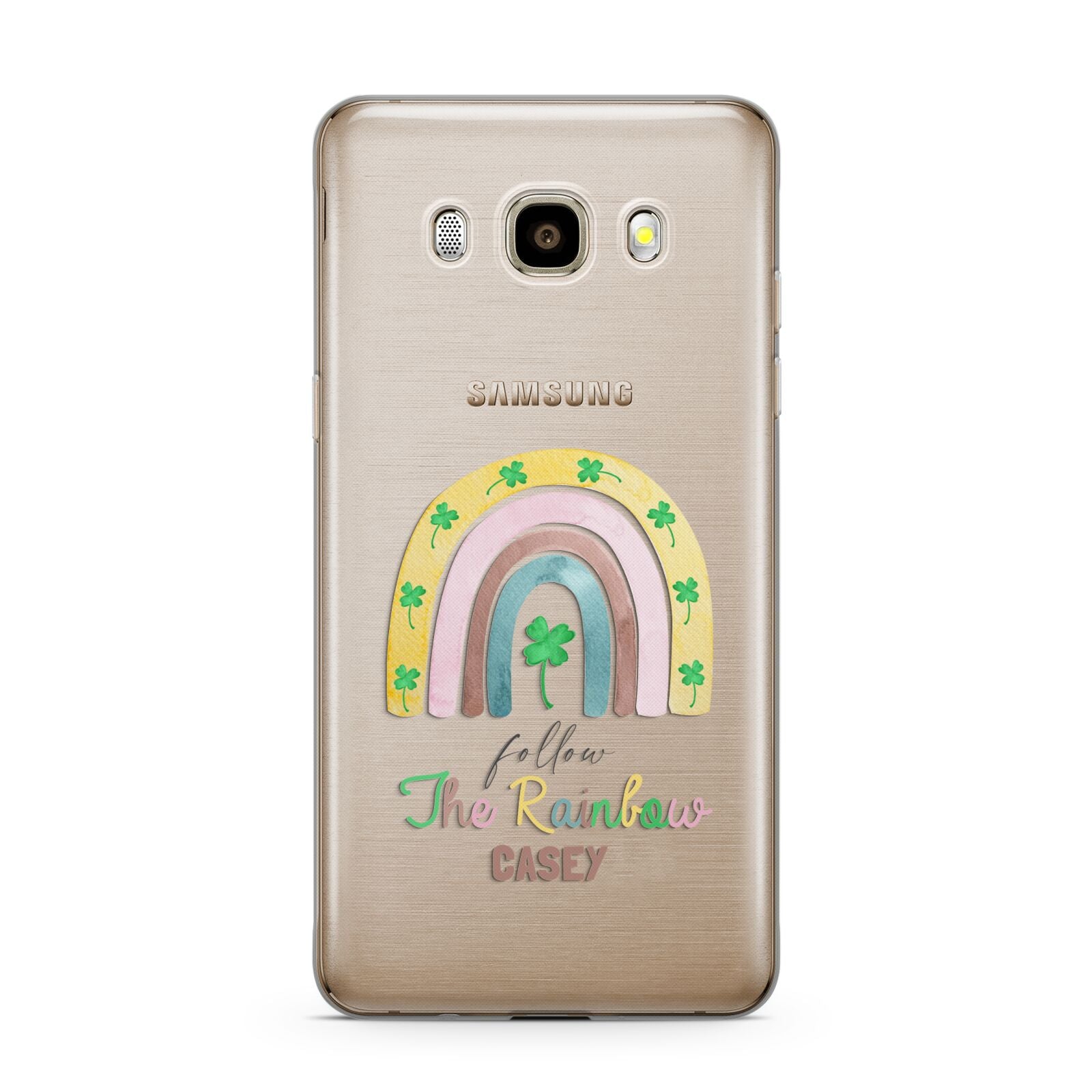 Personalised Rainbow Shamrock Samsung Galaxy J7 2016 Case on gold phone