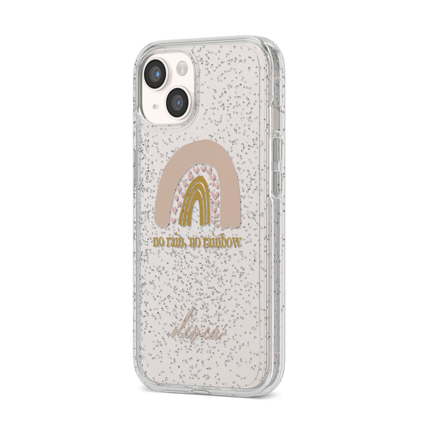 Personalised Rainbow iPhone 14 Glitter Tough Case Starlight Angled Image