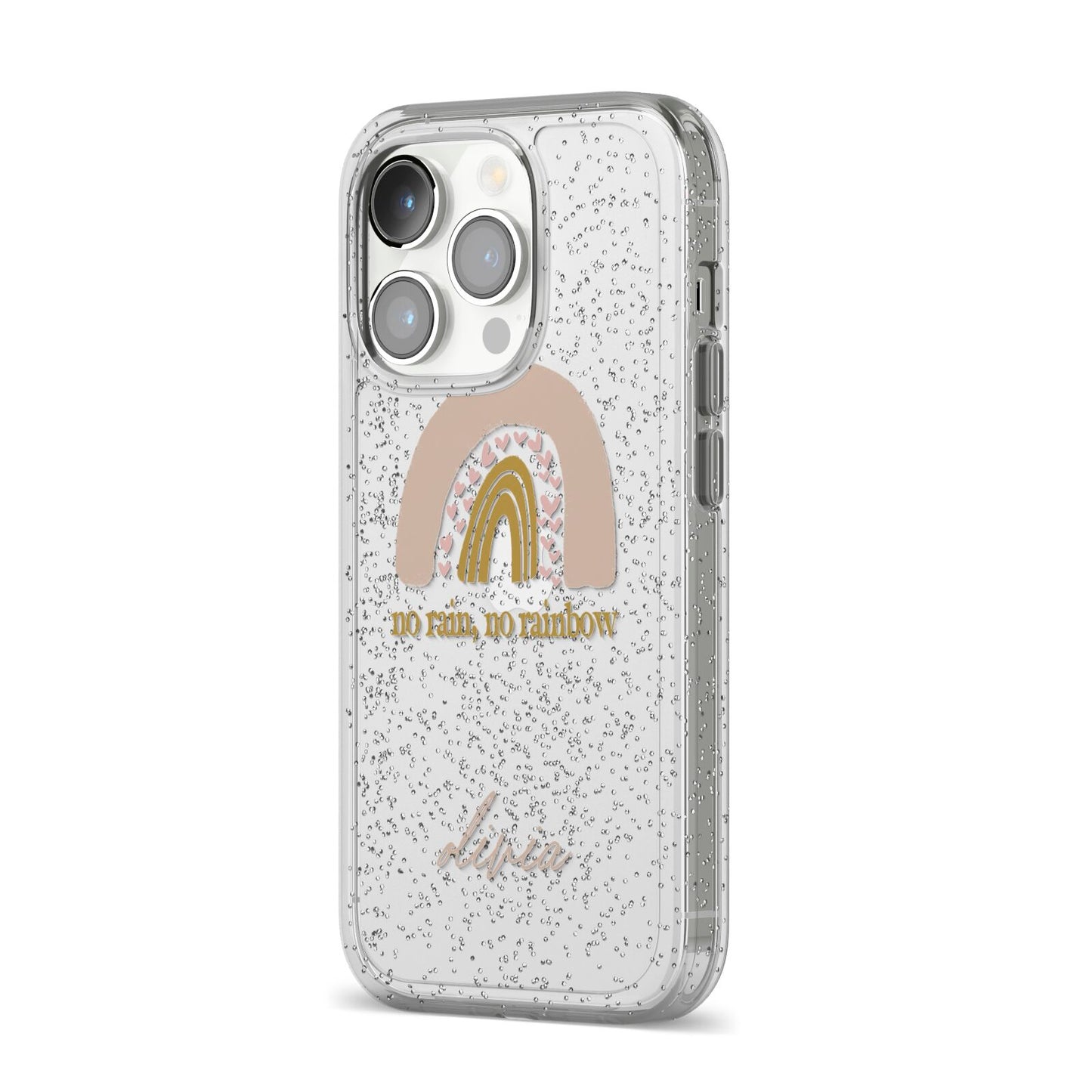 Personalised Rainbow iPhone 14 Pro Glitter Tough Case Silver Angled Image