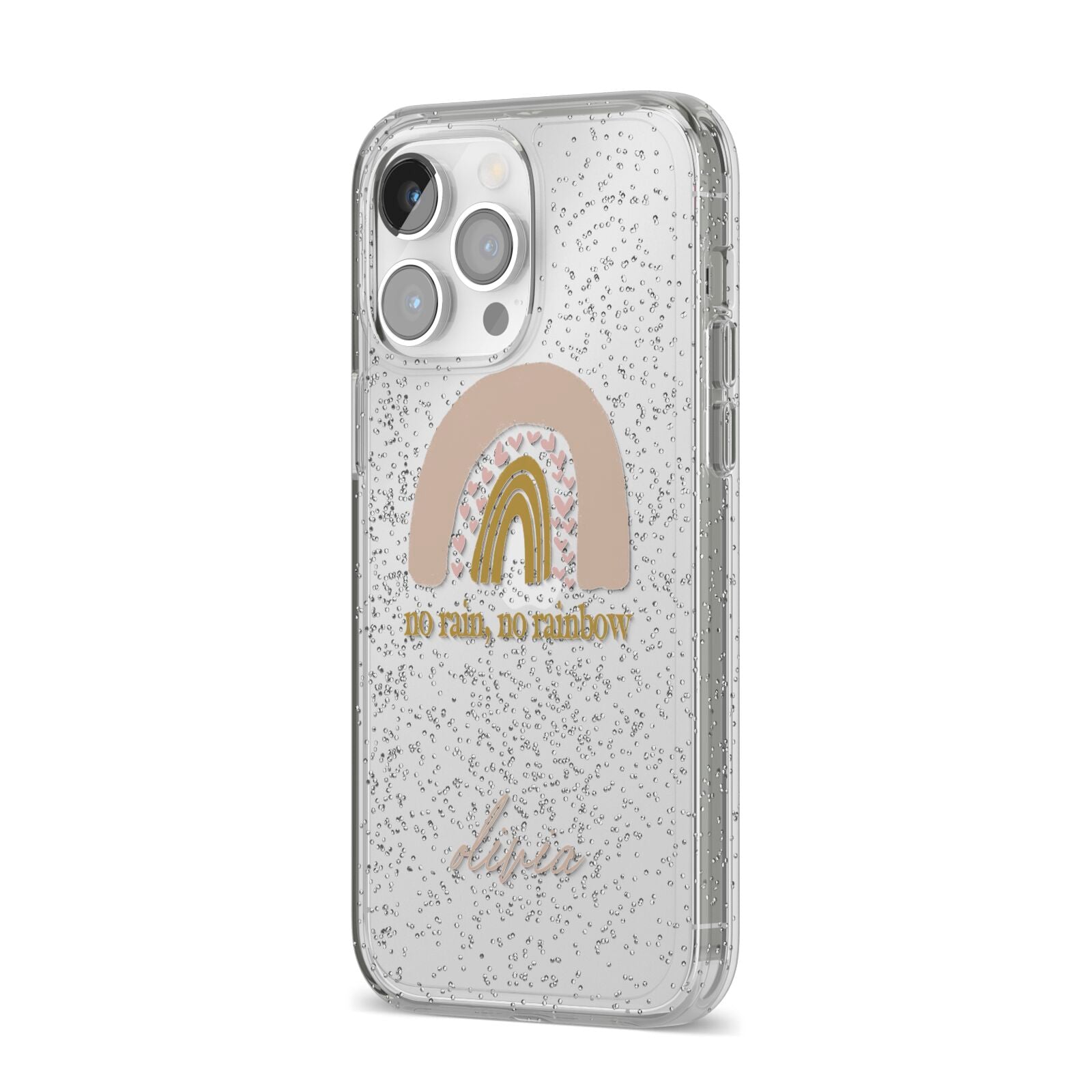 Personalised Rainbow iPhone 14 Pro Max Glitter Tough Case Silver Angled Image