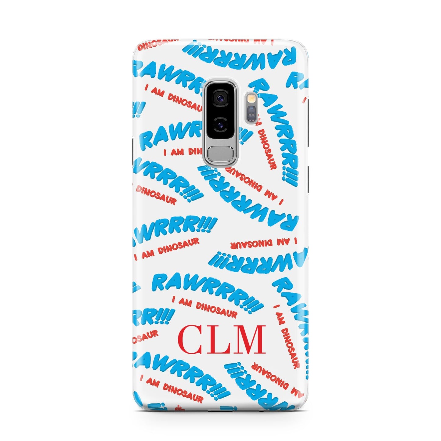 Personalised Rawr Dino Initials Samsung Galaxy S9 Plus Case on Silver phone