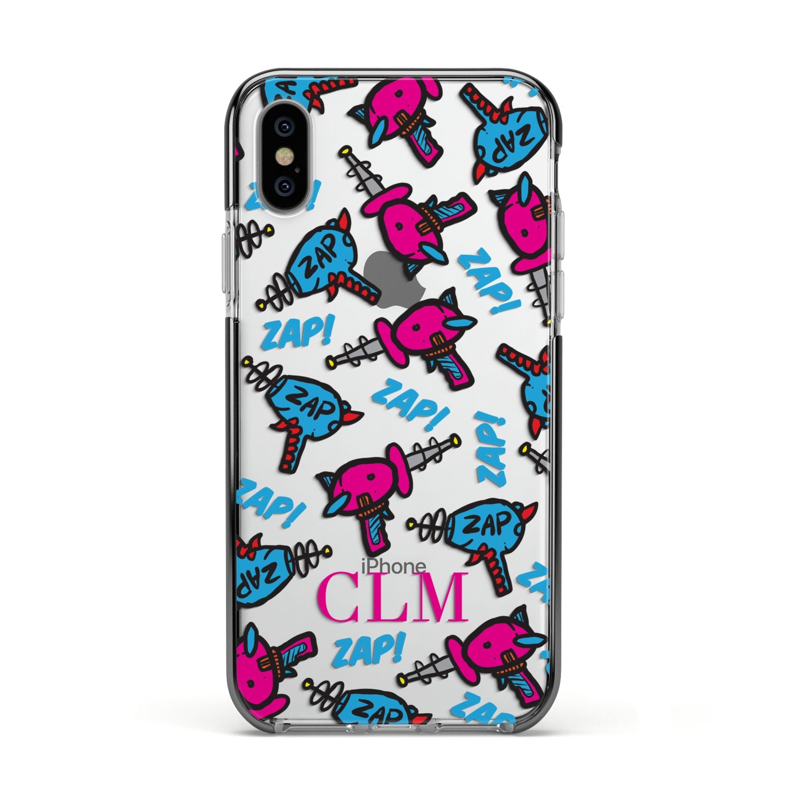 Personalised Ray Gun Initials Apple iPhone Xs Impact Case Black Edge on Silver Phone