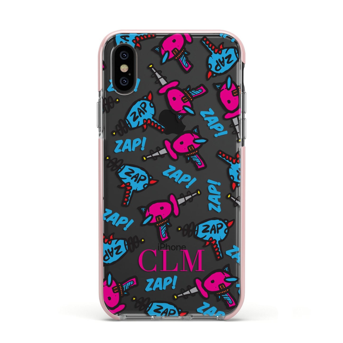 Personalised Ray Gun Initials Apple iPhone Xs Impact Case Pink Edge on Black Phone