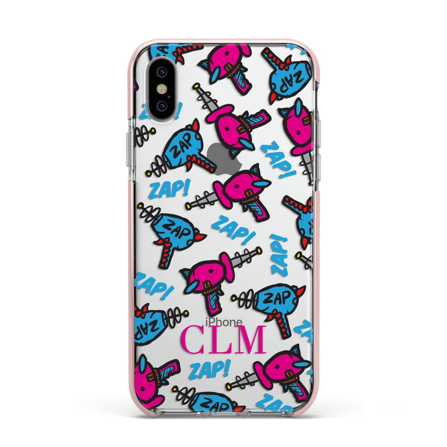 Personalised Ray Gun Initials Apple iPhone Xs Impact Case Pink Edge on Silver Phone