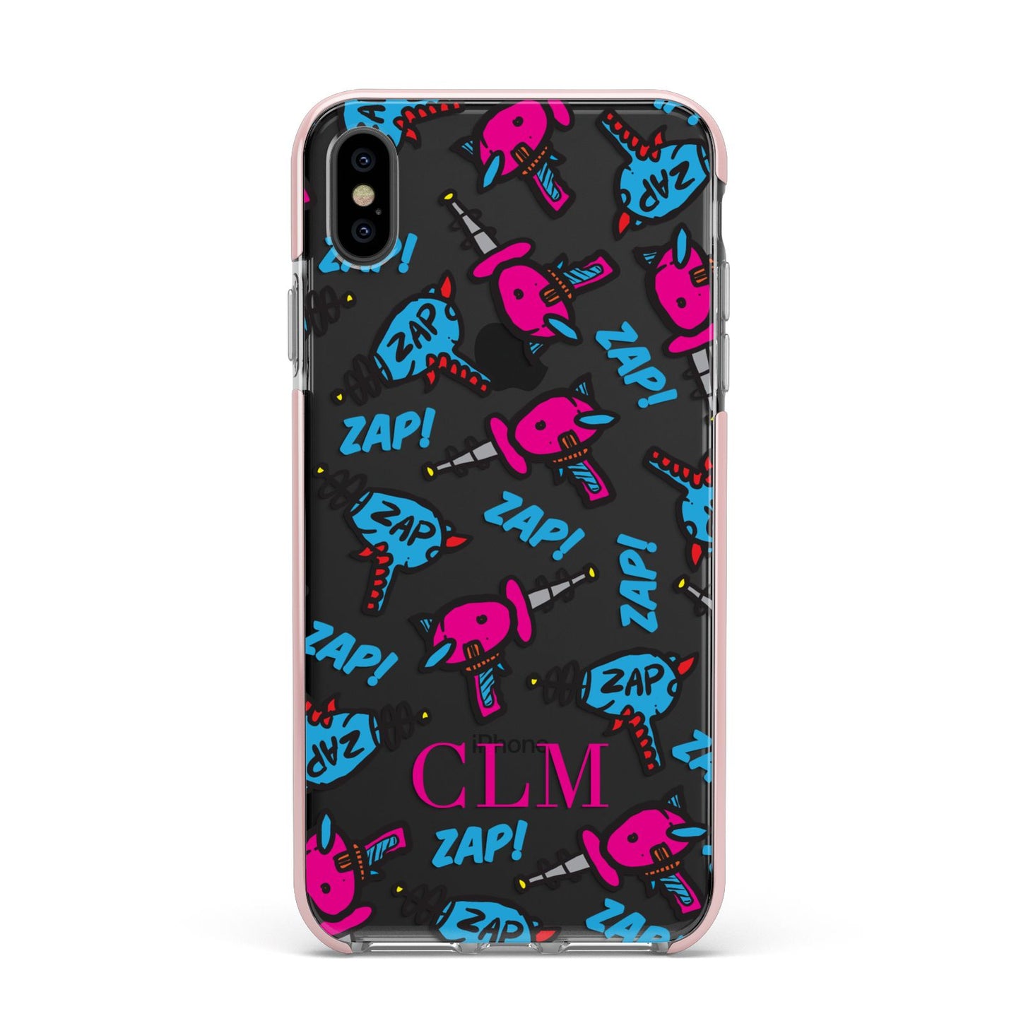 Personalised Ray Gun Initials Apple iPhone Xs Max Impact Case Pink Edge on Black Phone