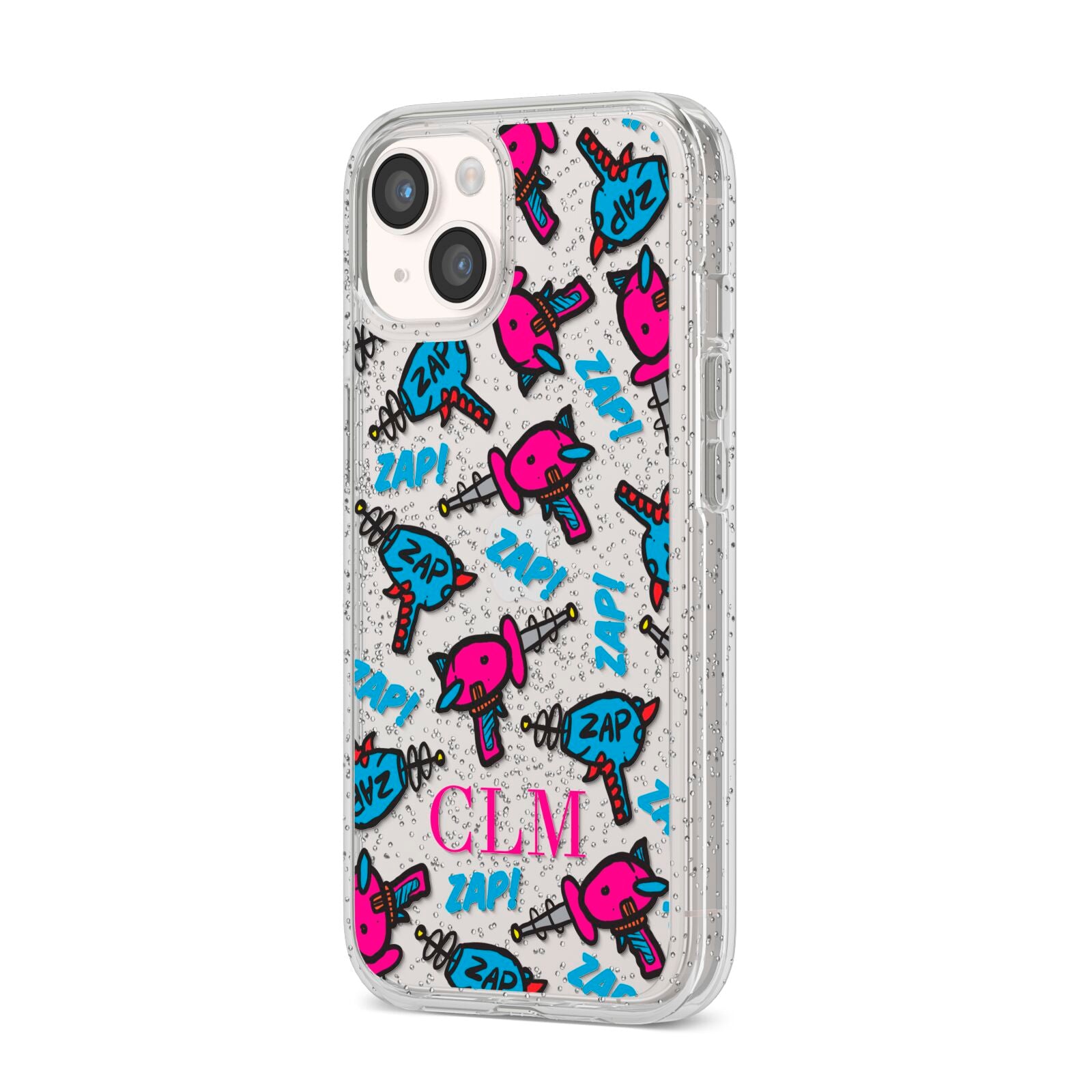 Personalised Ray Gun Initials iPhone 14 Glitter Tough Case Starlight Angled Image