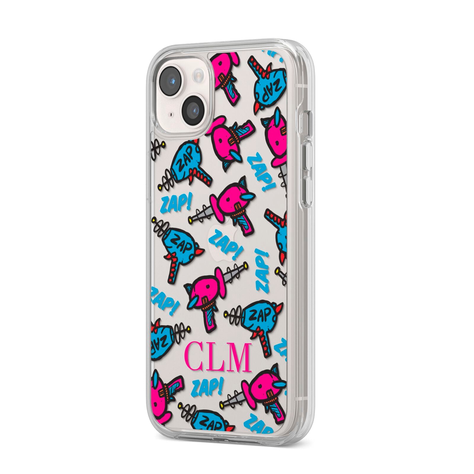 Personalised Ray Gun Initials iPhone 14 Plus Clear Tough Case Starlight Angled Image