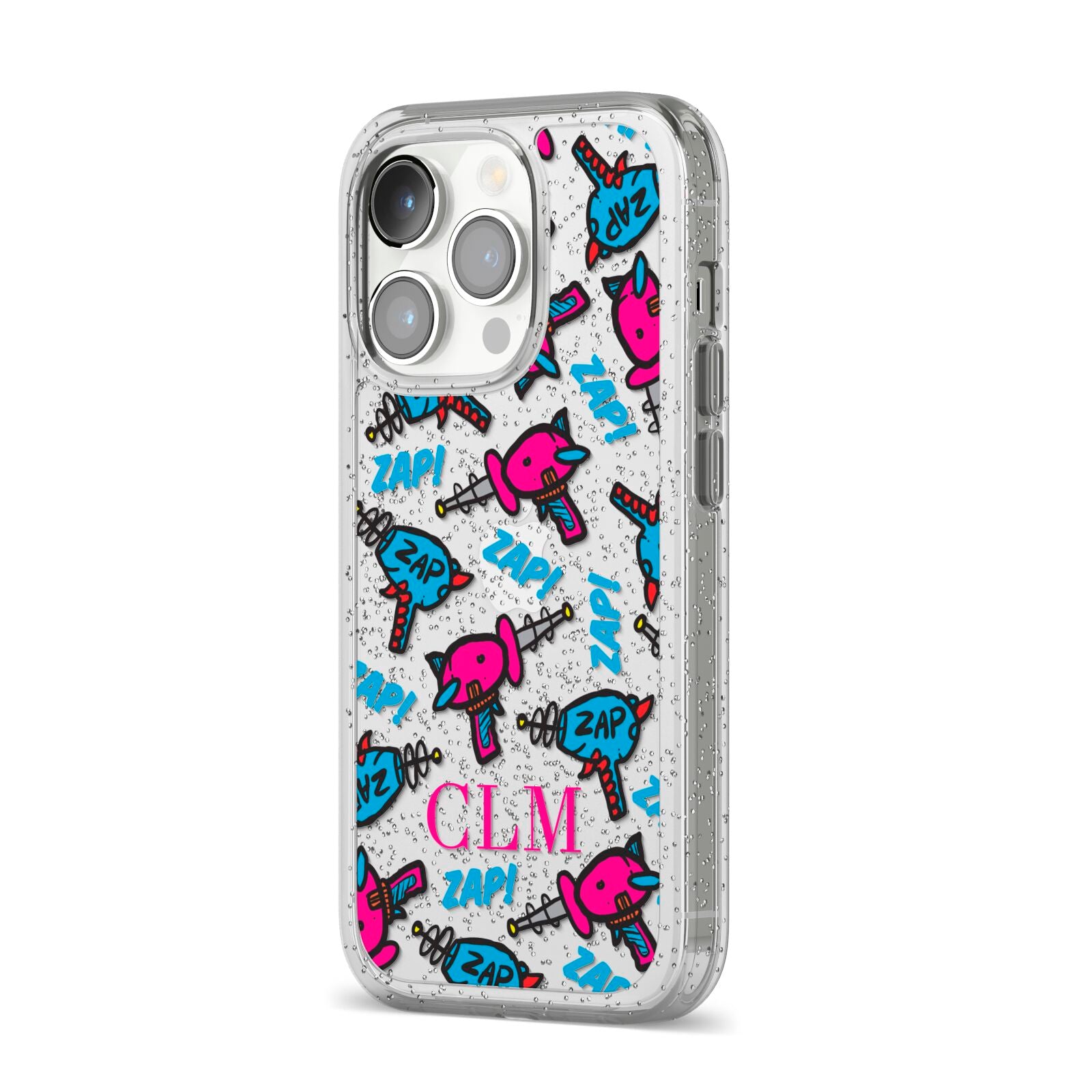 Personalised Ray Gun Initials iPhone 14 Pro Glitter Tough Case Silver Angled Image