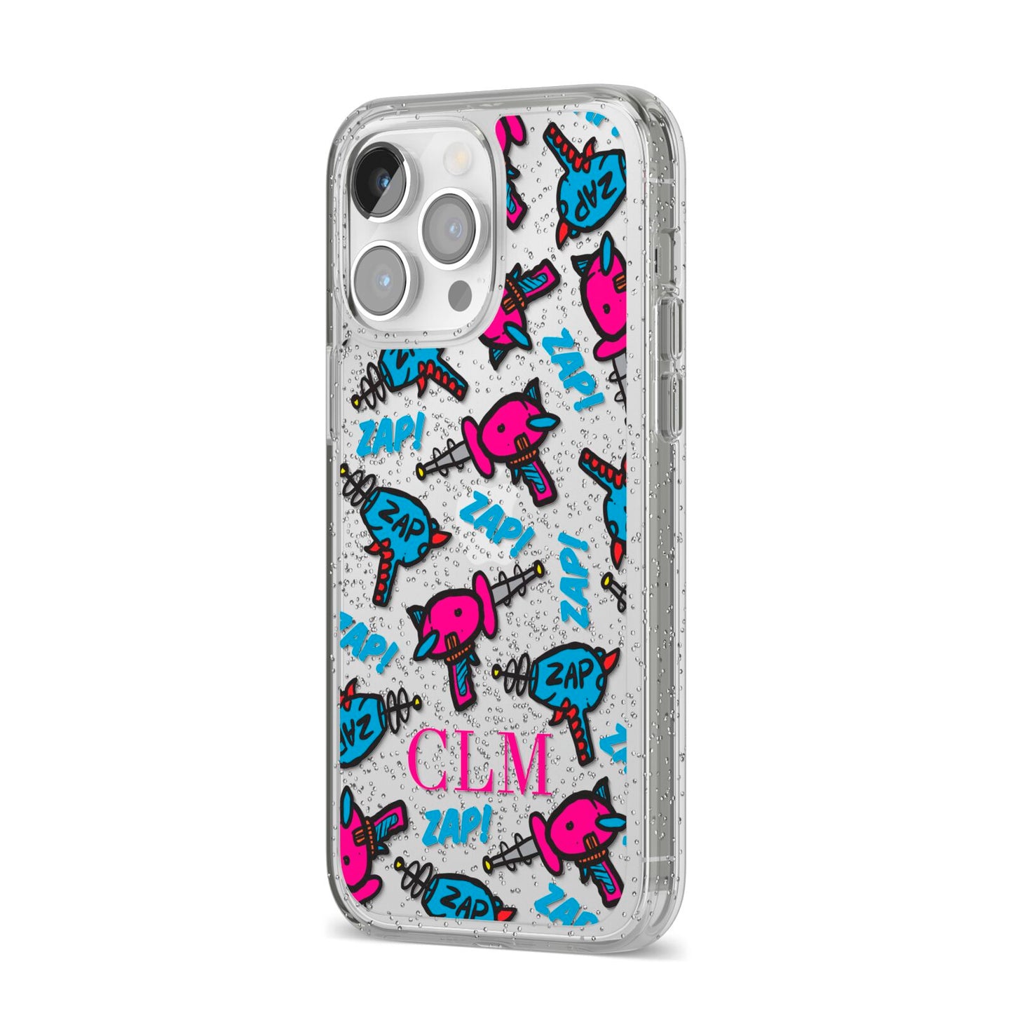 Personalised Ray Gun Initials iPhone 14 Pro Max Glitter Tough Case Silver Angled Image