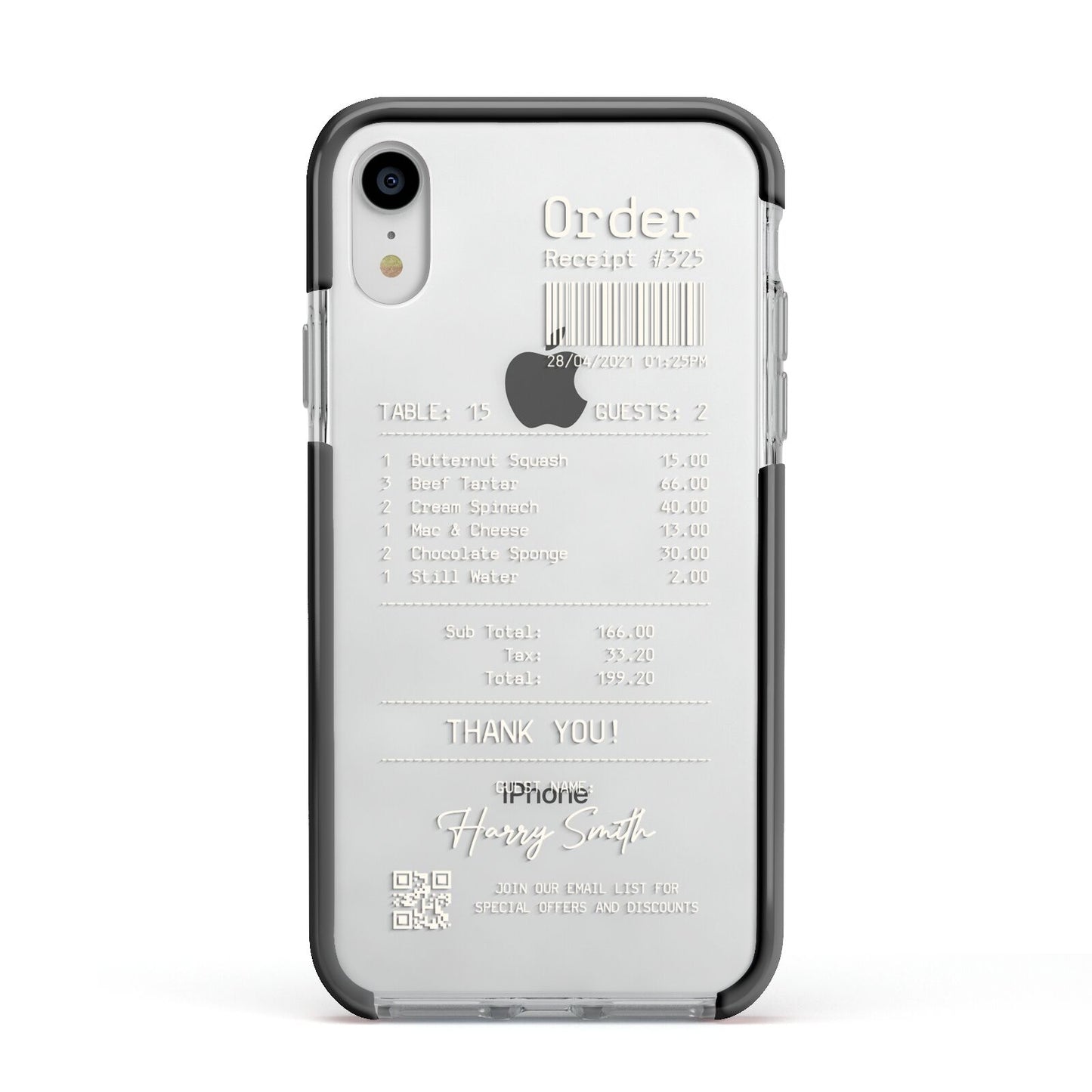 Personalised Receipt Apple iPhone XR Impact Case Black Edge on Silver Phone