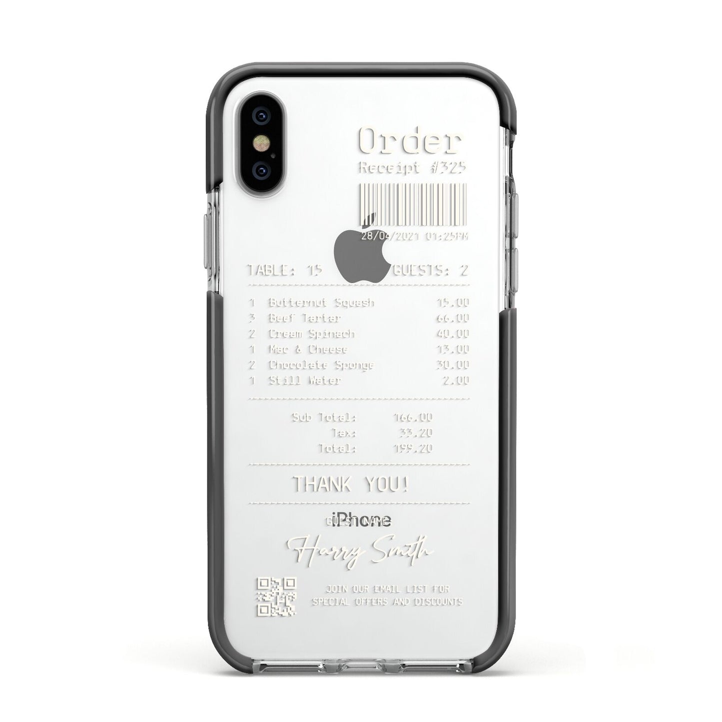 Personalised Receipt Apple iPhone Xs Impact Case Black Edge on Silver Phone