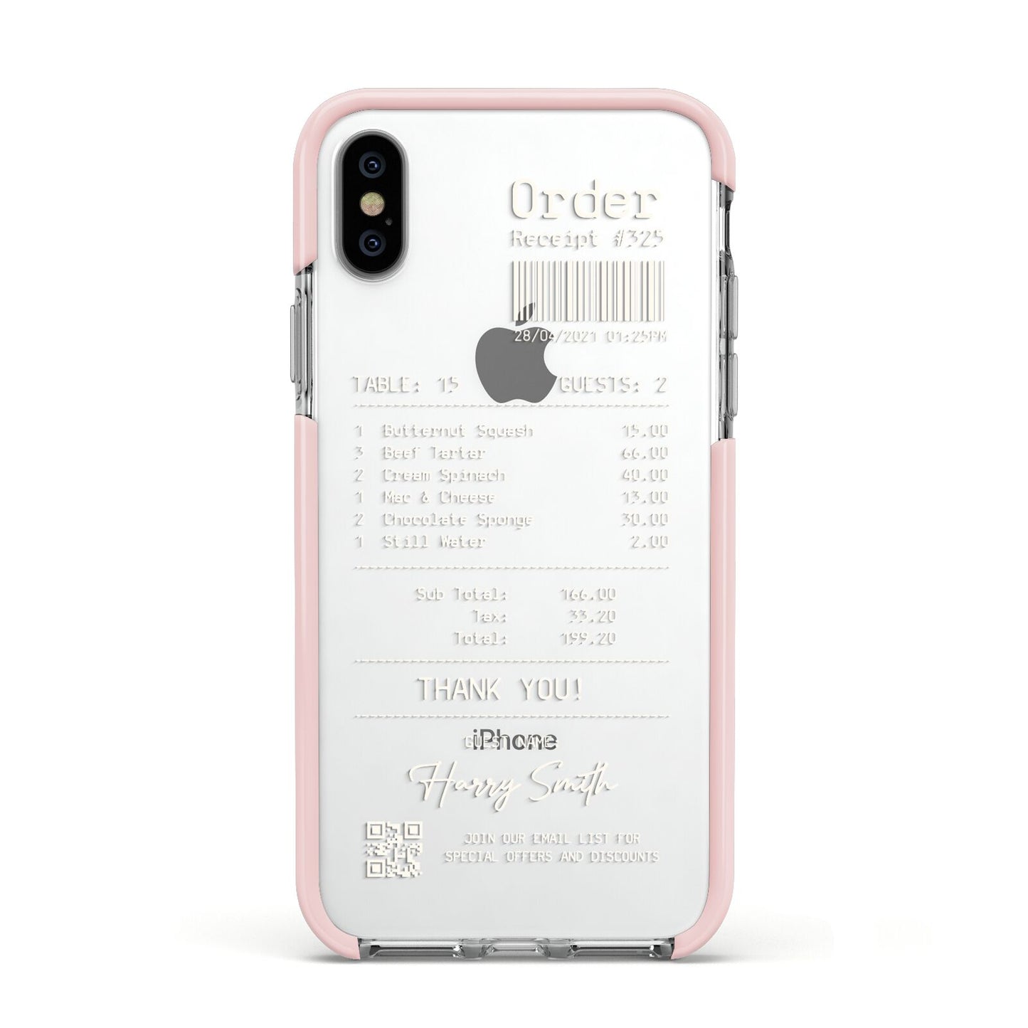 Personalised Receipt Apple iPhone Xs Impact Case Pink Edge on Silver Phone