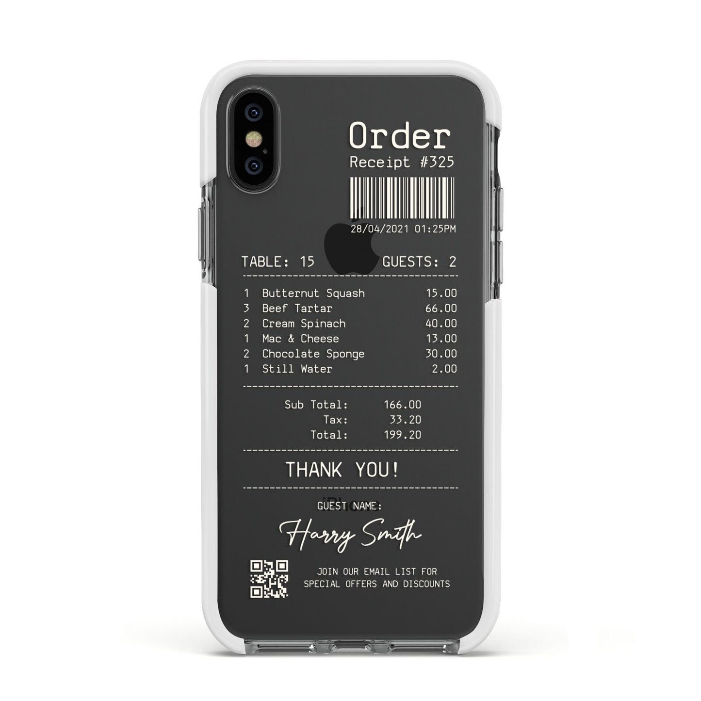 Personalised Receipt Apple iPhone Xs Impact Case White Edge on Black Phone