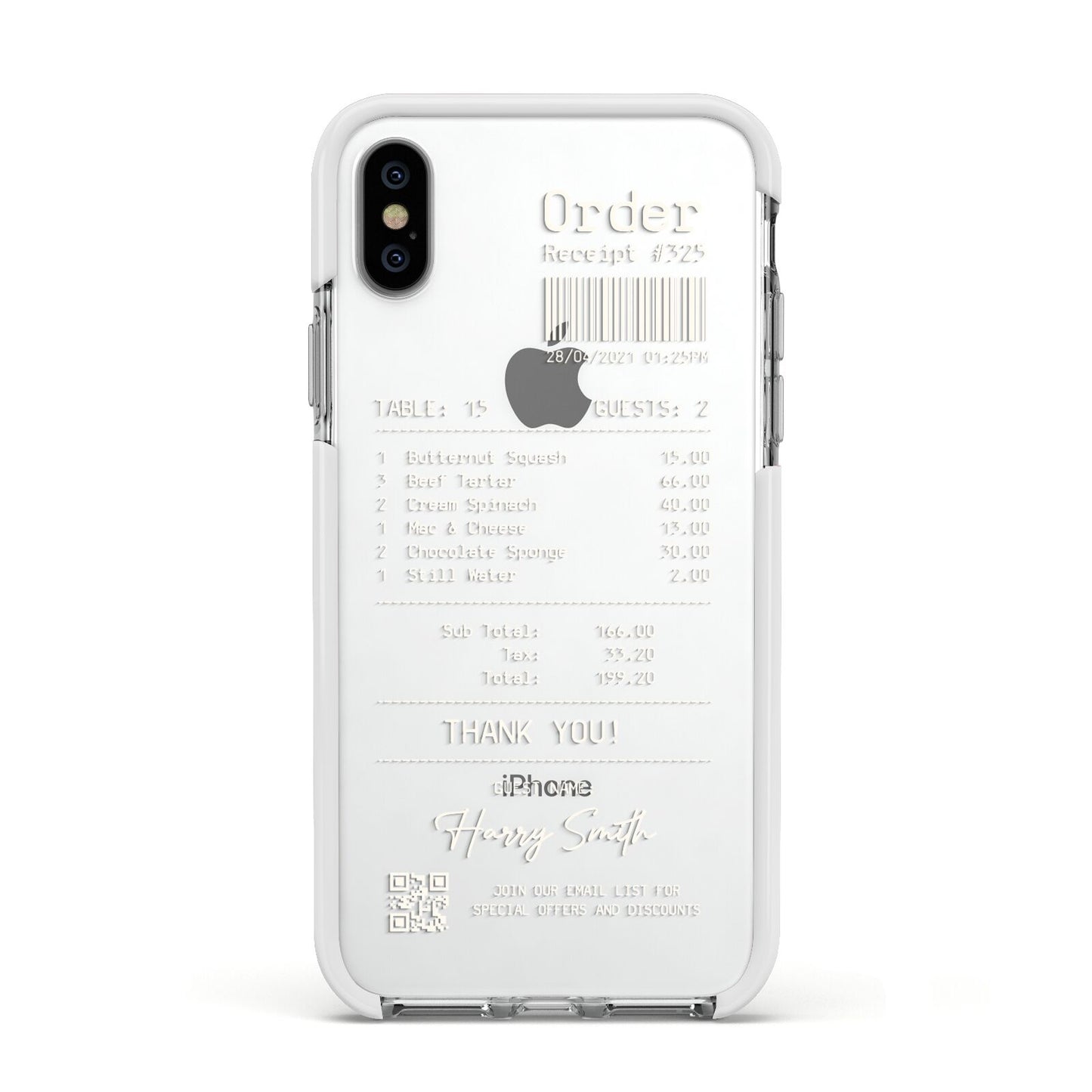 Personalised Receipt Apple iPhone Xs Impact Case White Edge on Silver Phone