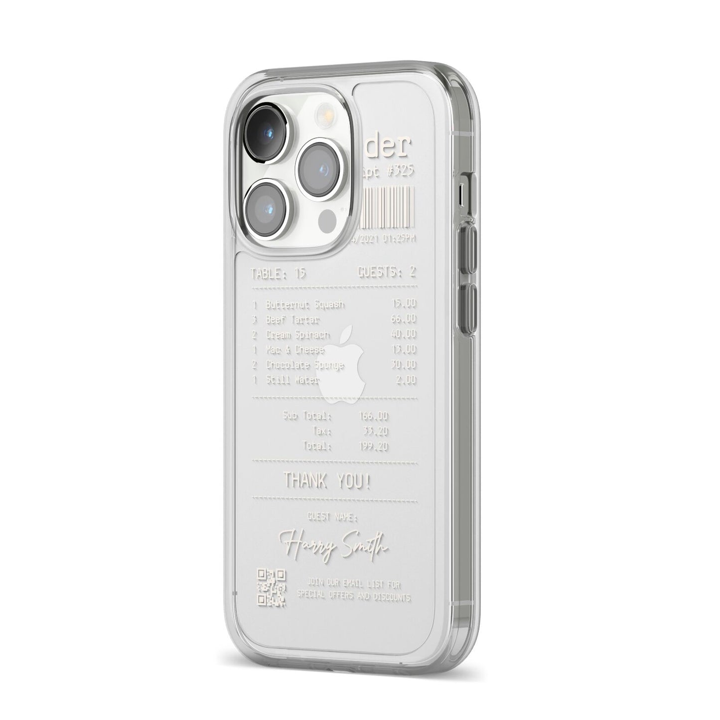 Personalised Receipt iPhone 14 Pro Clear Tough Case Silver Angled Image